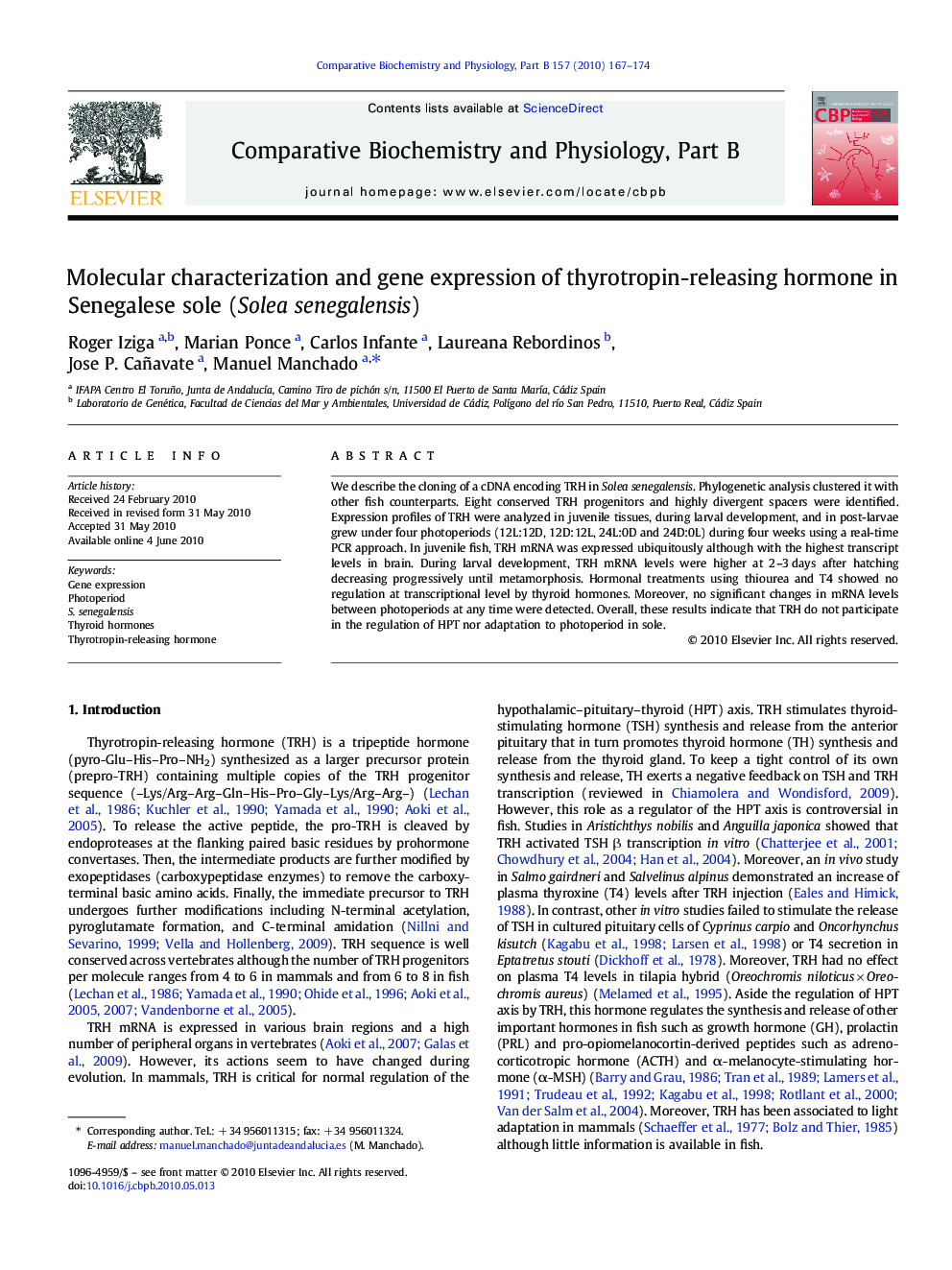 Molecular characterization and gene expression of thyrotropin-releasing hormone in Senegalese sole (Solea senegalensis)