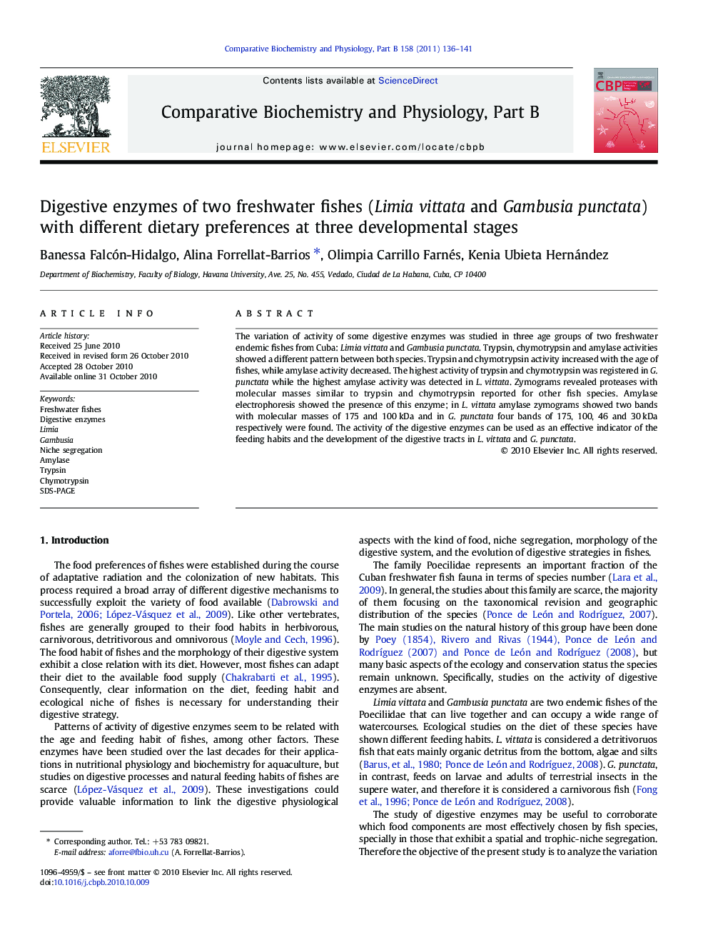 Digestive enzymes of two freshwater fishes (Limia vittata and Gambusia punctata) with different dietary preferences at three developmental stages