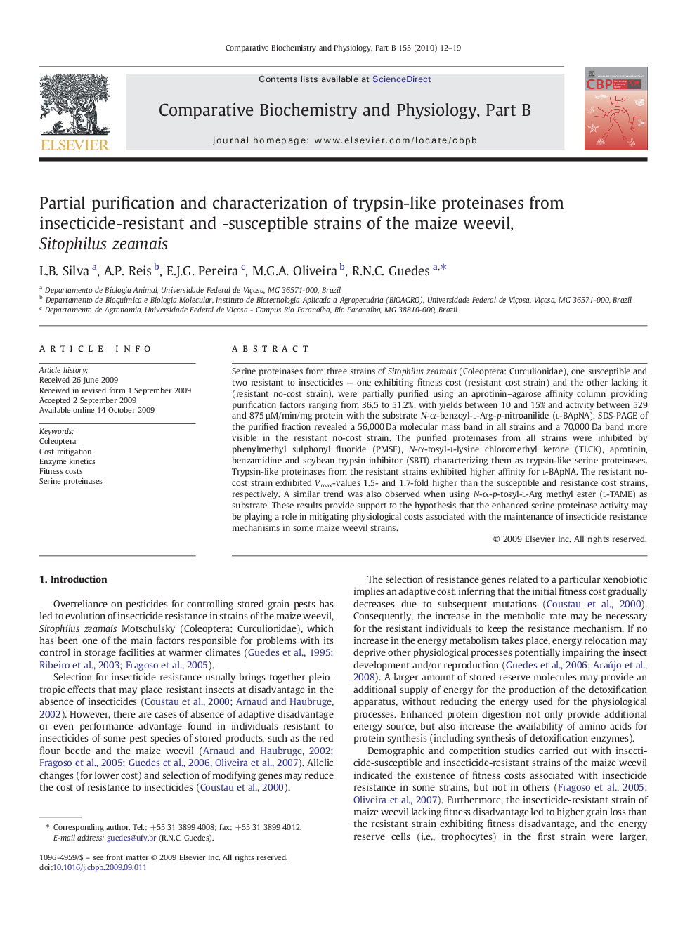 Partial purification and characterization of trypsin-like proteinases from insecticide-resistant and -susceptible strains of the maize weevil, Sitophilus zeamais