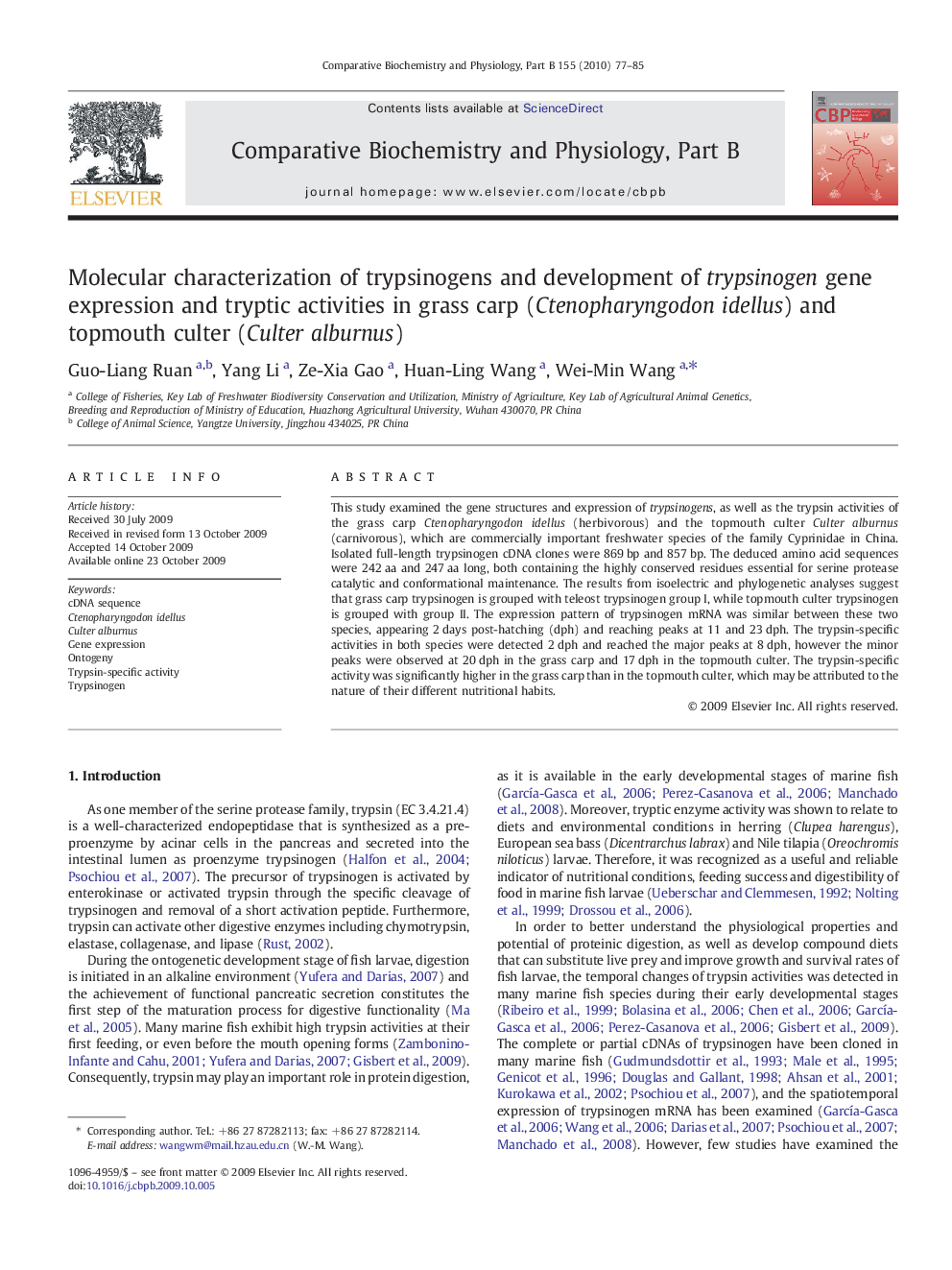 Molecular characterization of trypsinogens and development of trypsinogen gene expression and tryptic activities in grass carp (Ctenopharyngodon idellus) and topmouth culter (Culter alburnus)