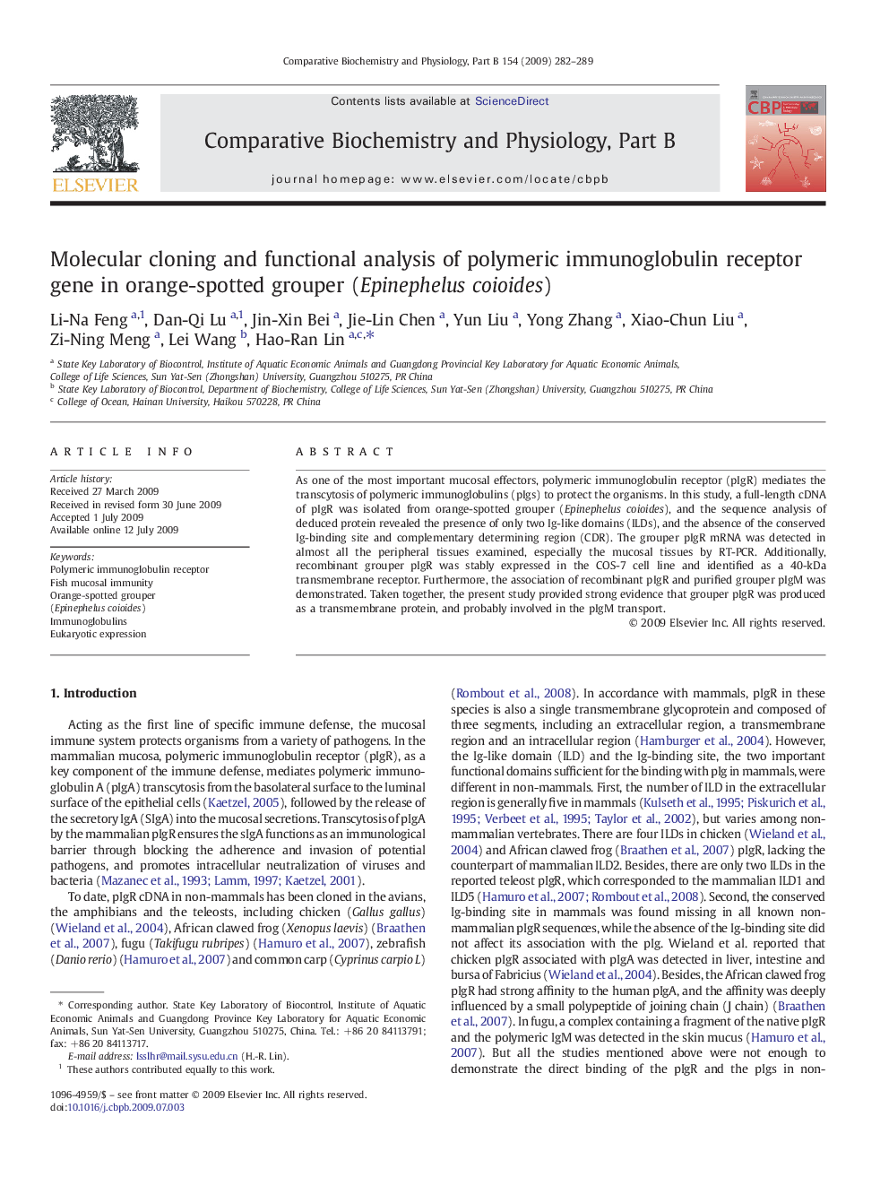 Molecular cloning and functional analysis of polymeric immunoglobulin receptor gene in orange-spotted grouper (Epinephelus coioides)