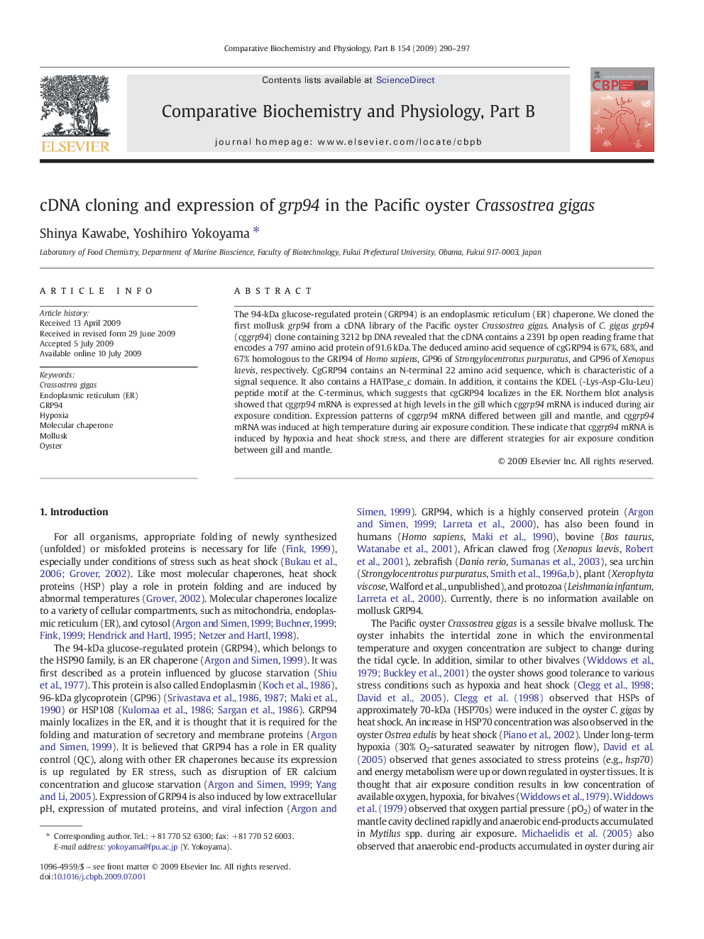 cDNA cloning and expression of grp94 in the Pacific oyster Crassostrea gigas