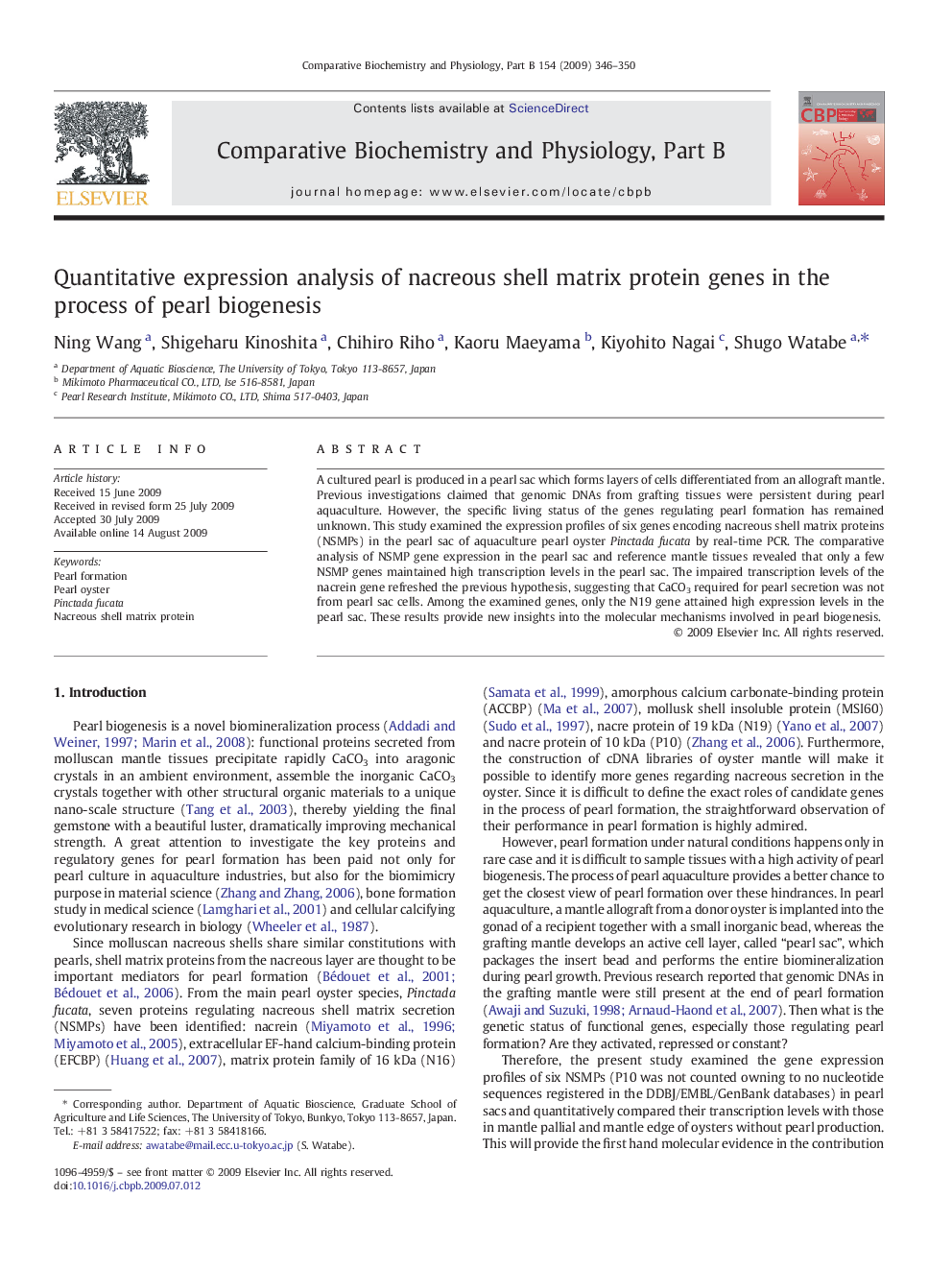 Quantitative expression analysis of nacreous shell matrix protein genes in the process of pearl biogenesis