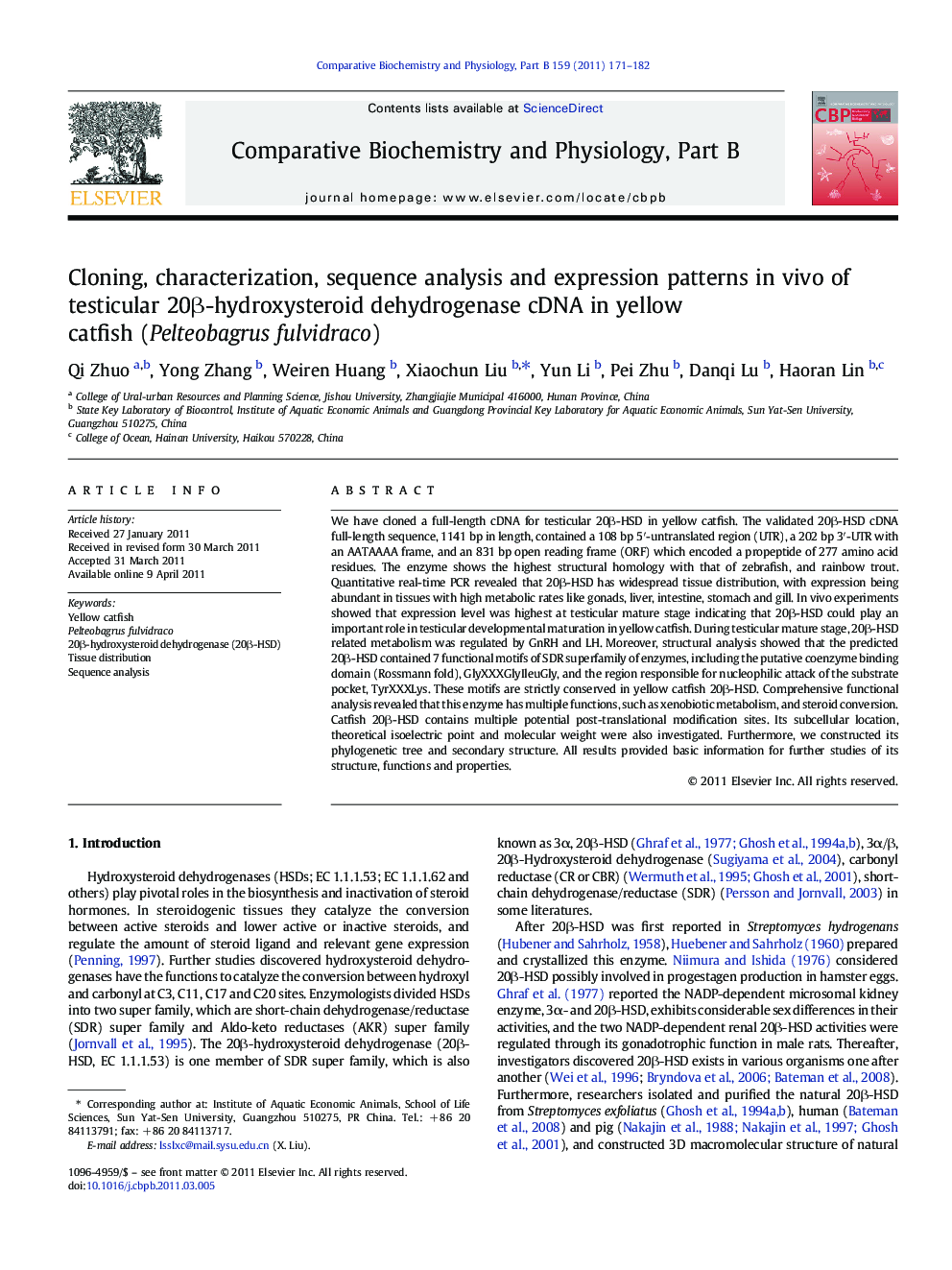 Cloning, characterization, sequence analysis and expression patterns in vivo of testicular 20β-hydroxysteroid dehydrogenase cDNA in yellow catfish (Pelteobagrus fulvidraco)