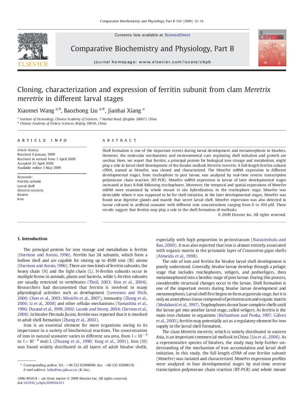 عکس صفحه اول مقاله: Cloning, characterization and expression of ferritin subunit from clam Meretrix meretrix in different larval stages Cloning, characterization and expression of ferritin subunit from clam Meretrix meretrix in different larval stages