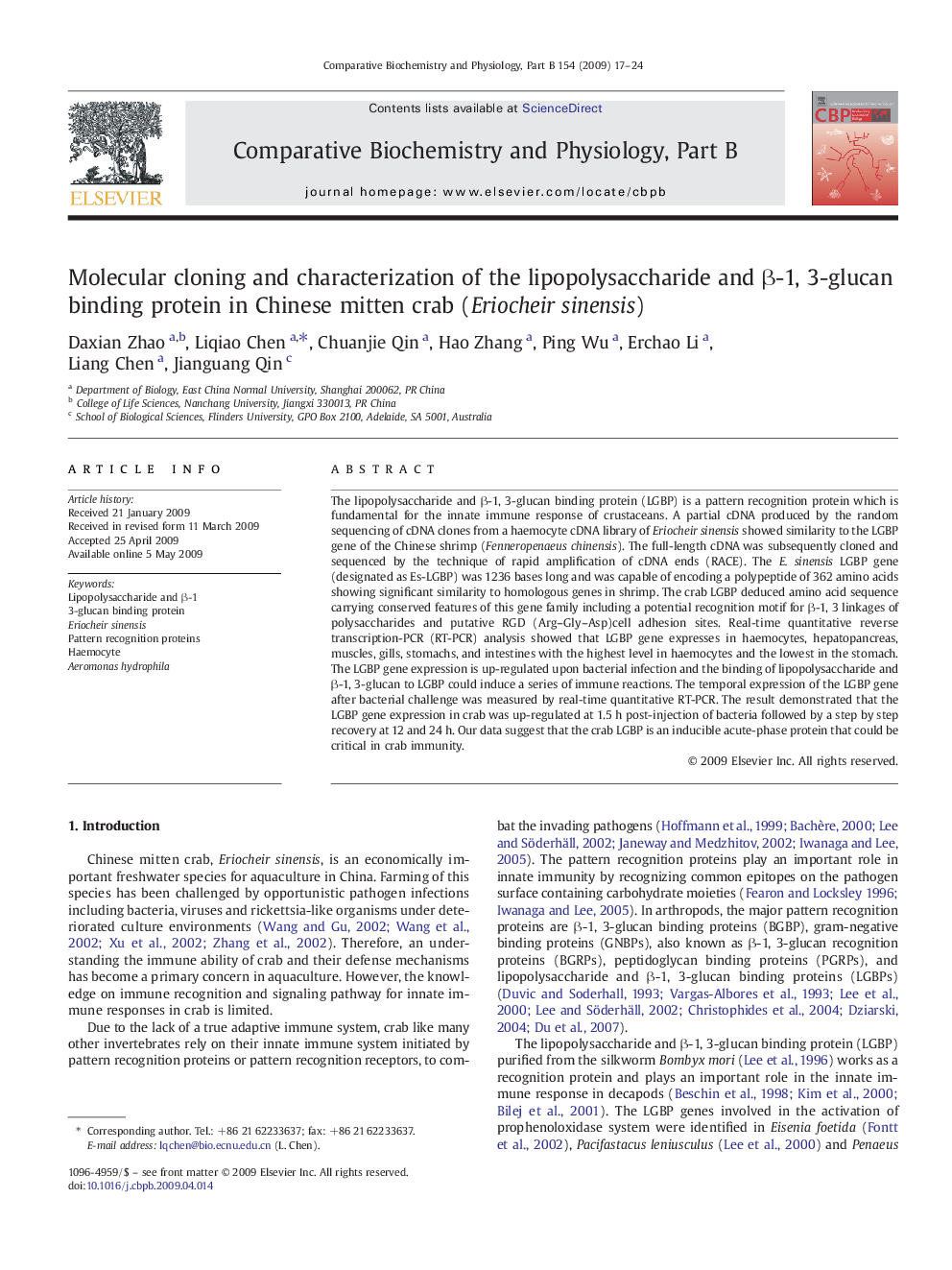 Molecular cloning and characterization of the lipopolysaccharide and Î²-1, 3-glucan binding protein in Chinese mitten crab (Eriocheir sinensis)