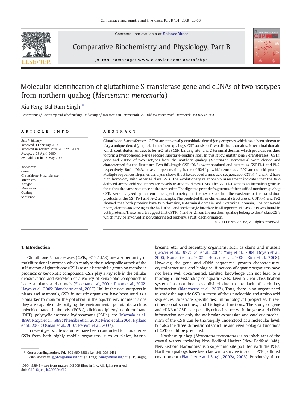 Molecular identification of glutathione S-transferase gene and cDNAs of two isotypes from northern quahog (Mercenaria mercenaria)