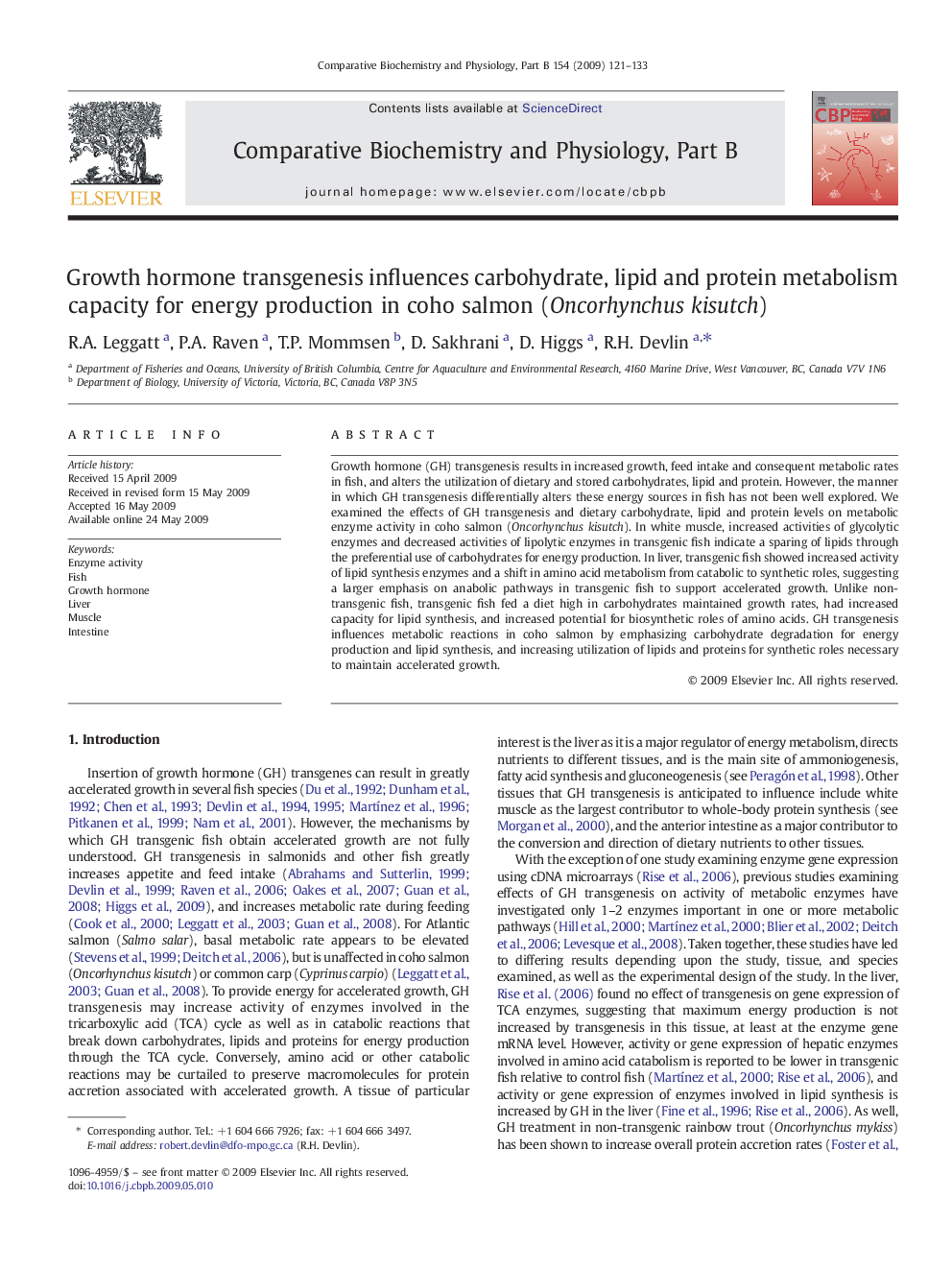 Growth hormone transgenesis influences carbohydrate, lipid and protein metabolism capacity for energy production in coho salmon (Oncorhynchus kisutch)