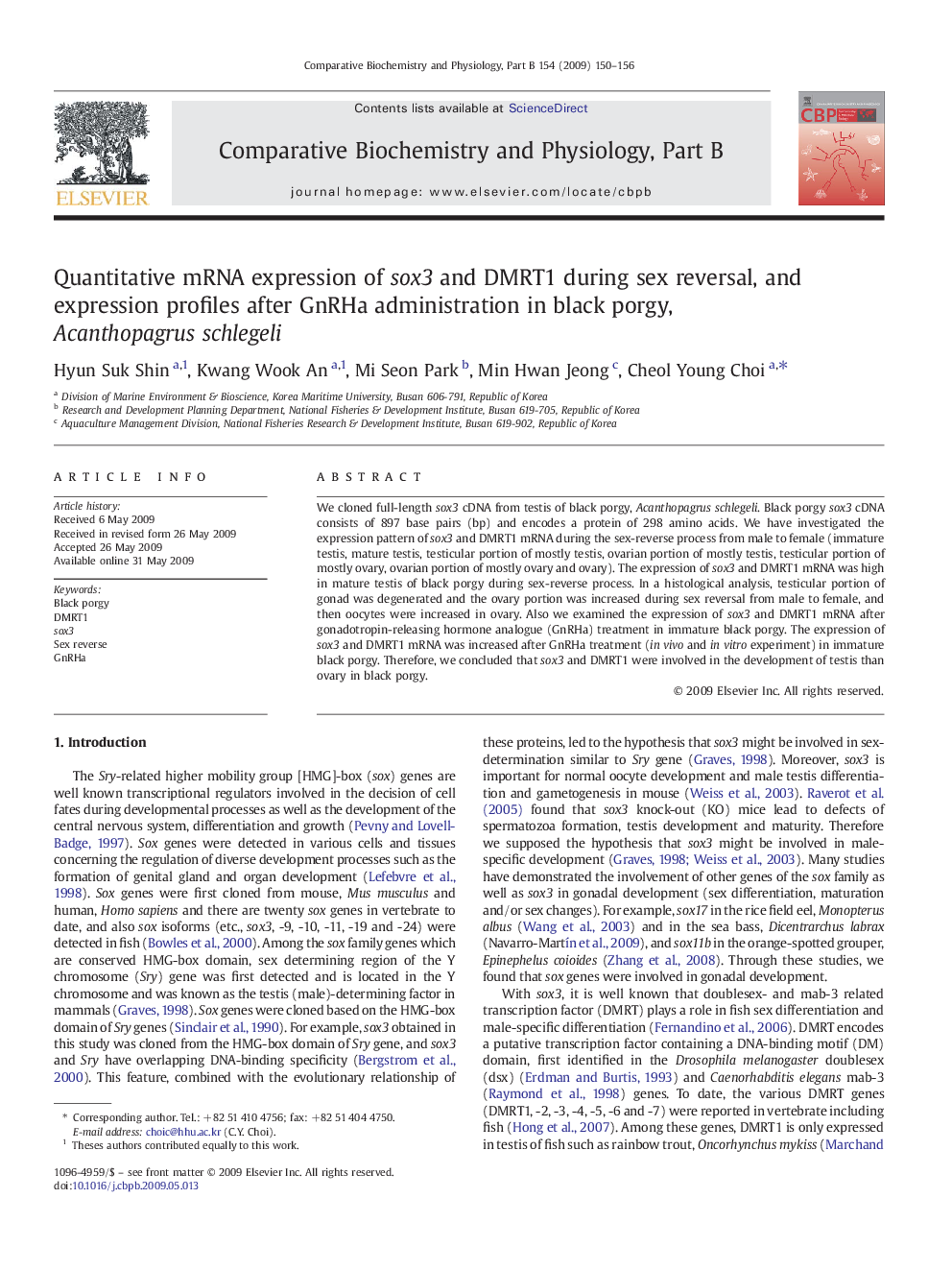 Quantitative mRNA expression of sox3 and DMRT1 during sex reversal, and expression profiles after GnRHa administration in black porgy, Acanthopagrus schlegeli