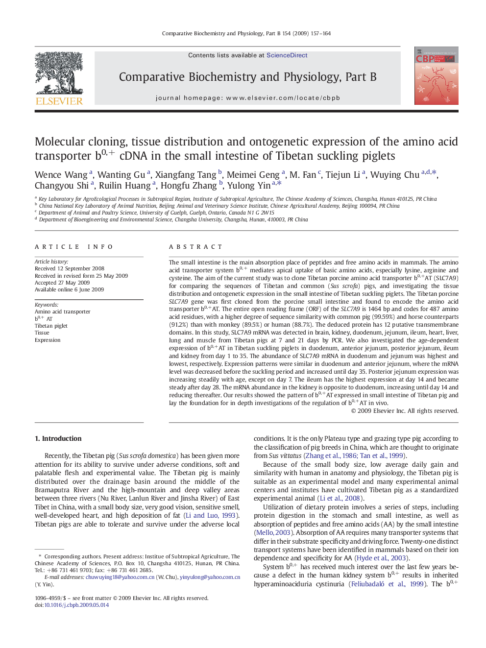 Molecular cloning, tissue distribution and ontogenetic expression of the amino acid transporter b0,+ cDNA in the small intestine of Tibetan suckling piglets