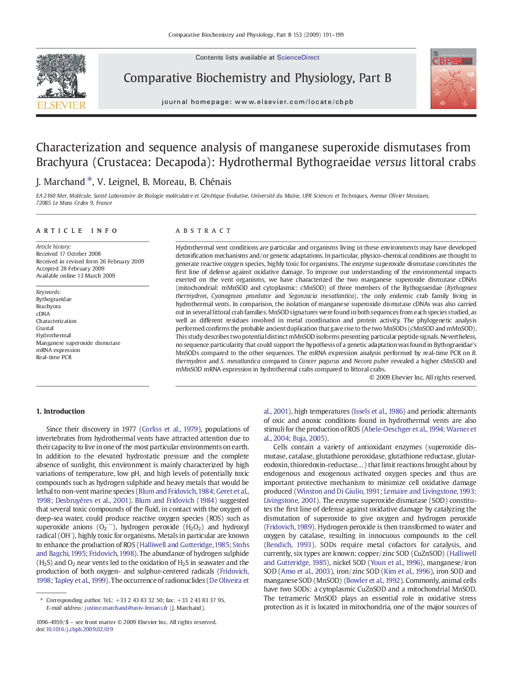 Characterization and sequence analysis of manganese superoxide dismutases from Brachyura (Crustacea: Decapoda): Hydrothermal Bythograeidae versus littoral crabs