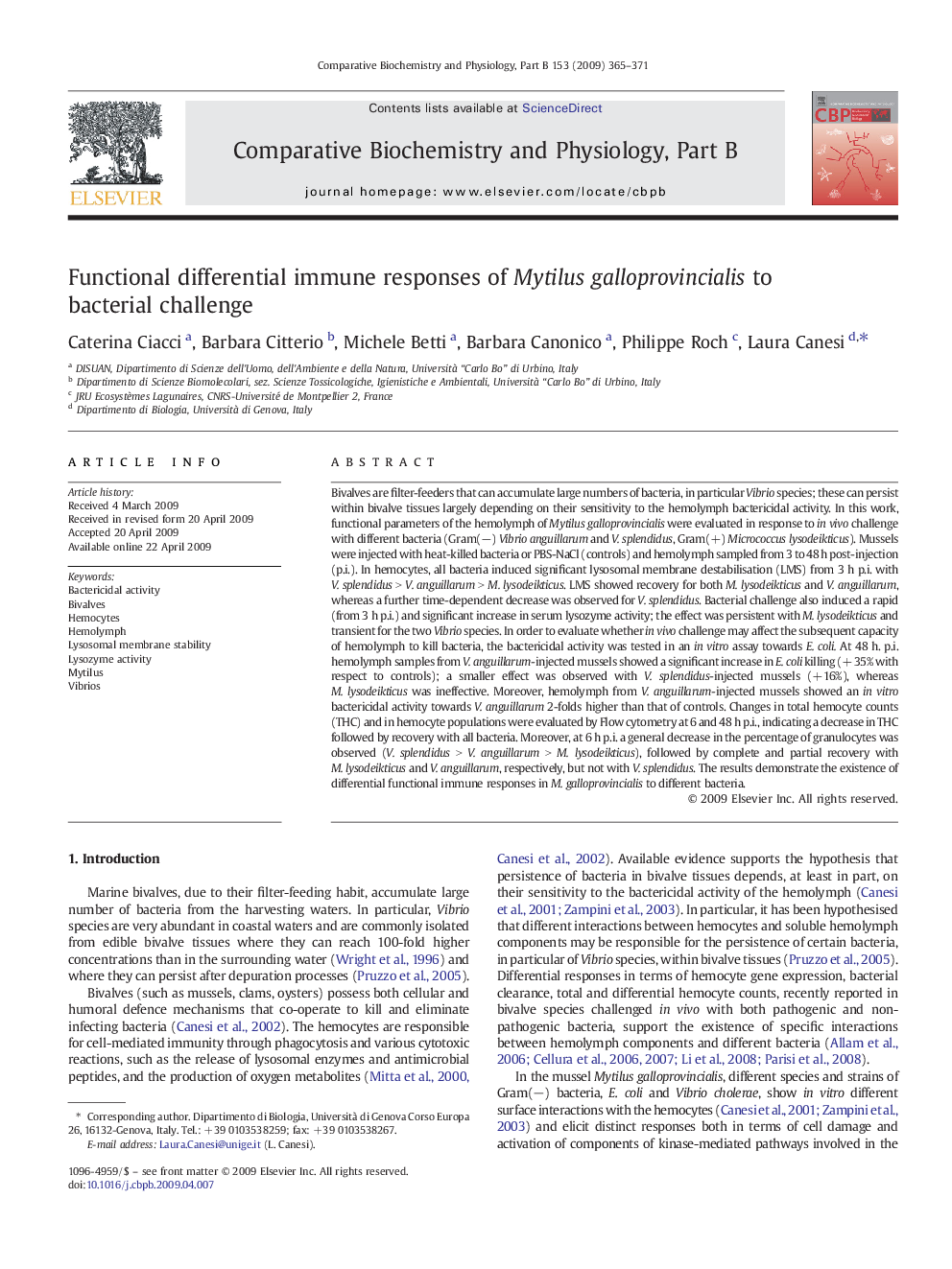 Functional differential immune responses of Mytilus galloprovincialis to bacterial challenge