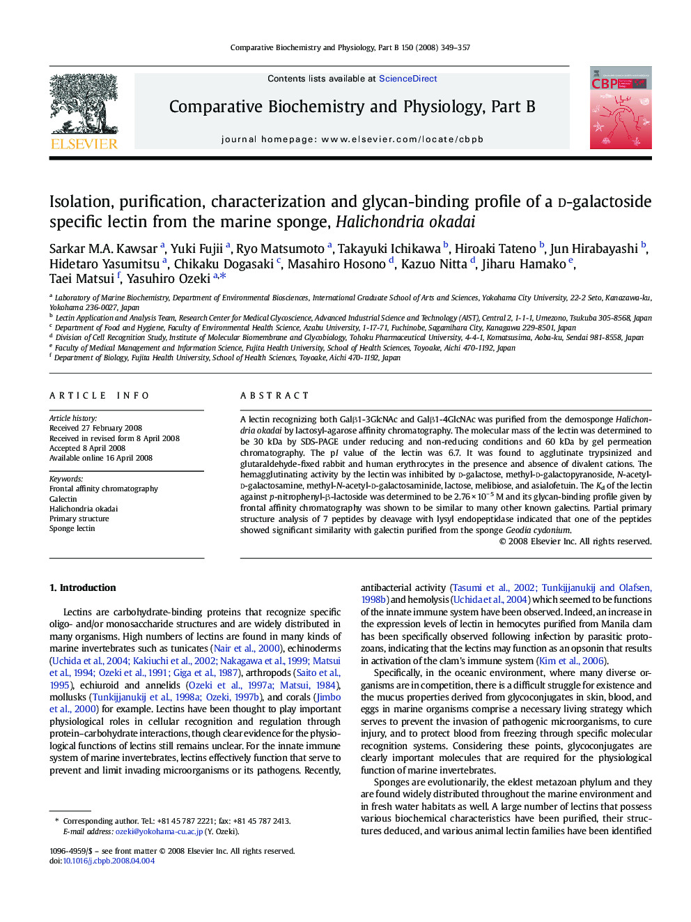 Isolation, purification, characterization and glycan-binding profile of a d-galactoside specific lectin from the marine sponge, Halichondria okadai