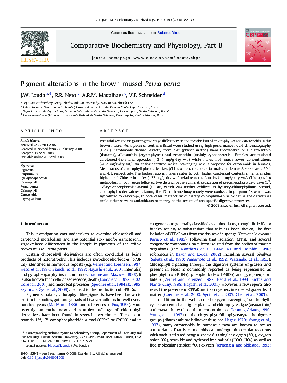 Pigment alterations in the brown mussel Perna perna