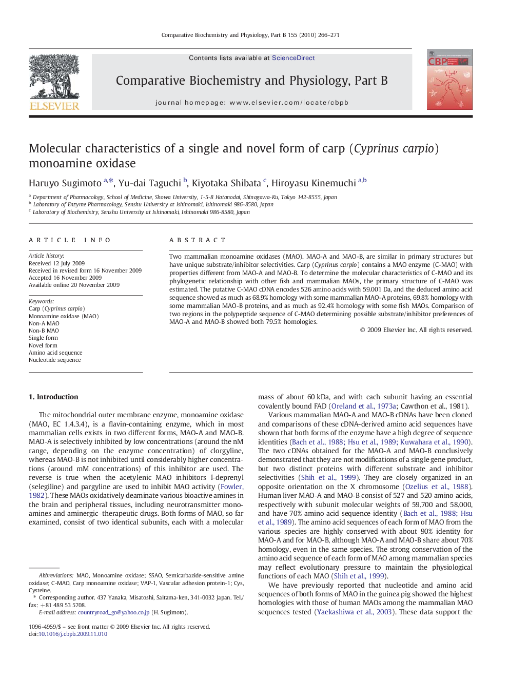 Molecular characteristics of a single and novel form of carp (Cyprinus carpio) monoamine oxidase