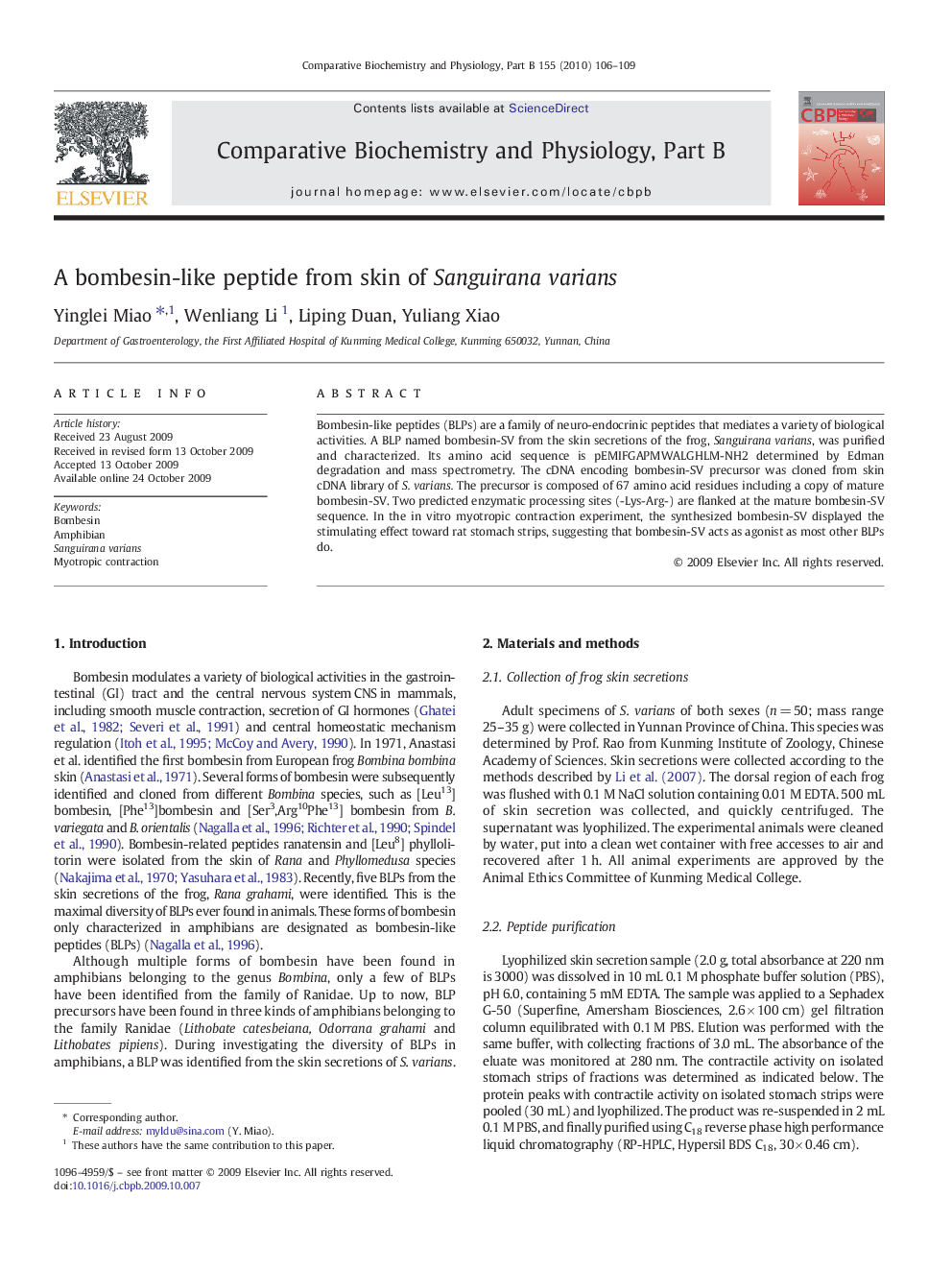 A bombesin-like peptide from skin of Sanguirana varians