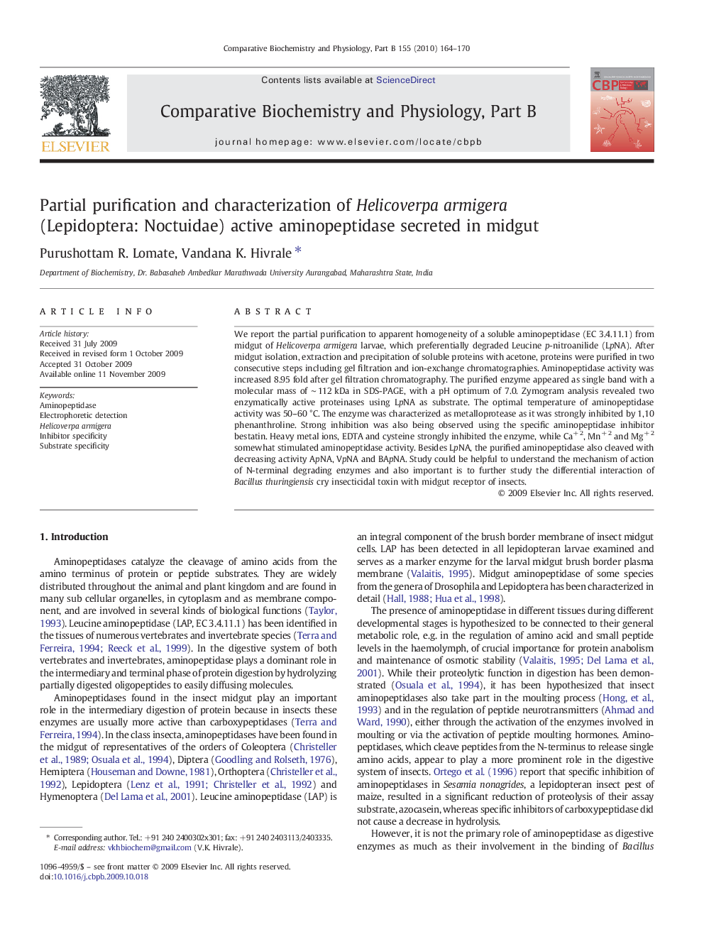 Partial purification and characterization of Helicoverpa armigera (Lepidoptera: Noctuidae) active aminopeptidase secreted in midgut