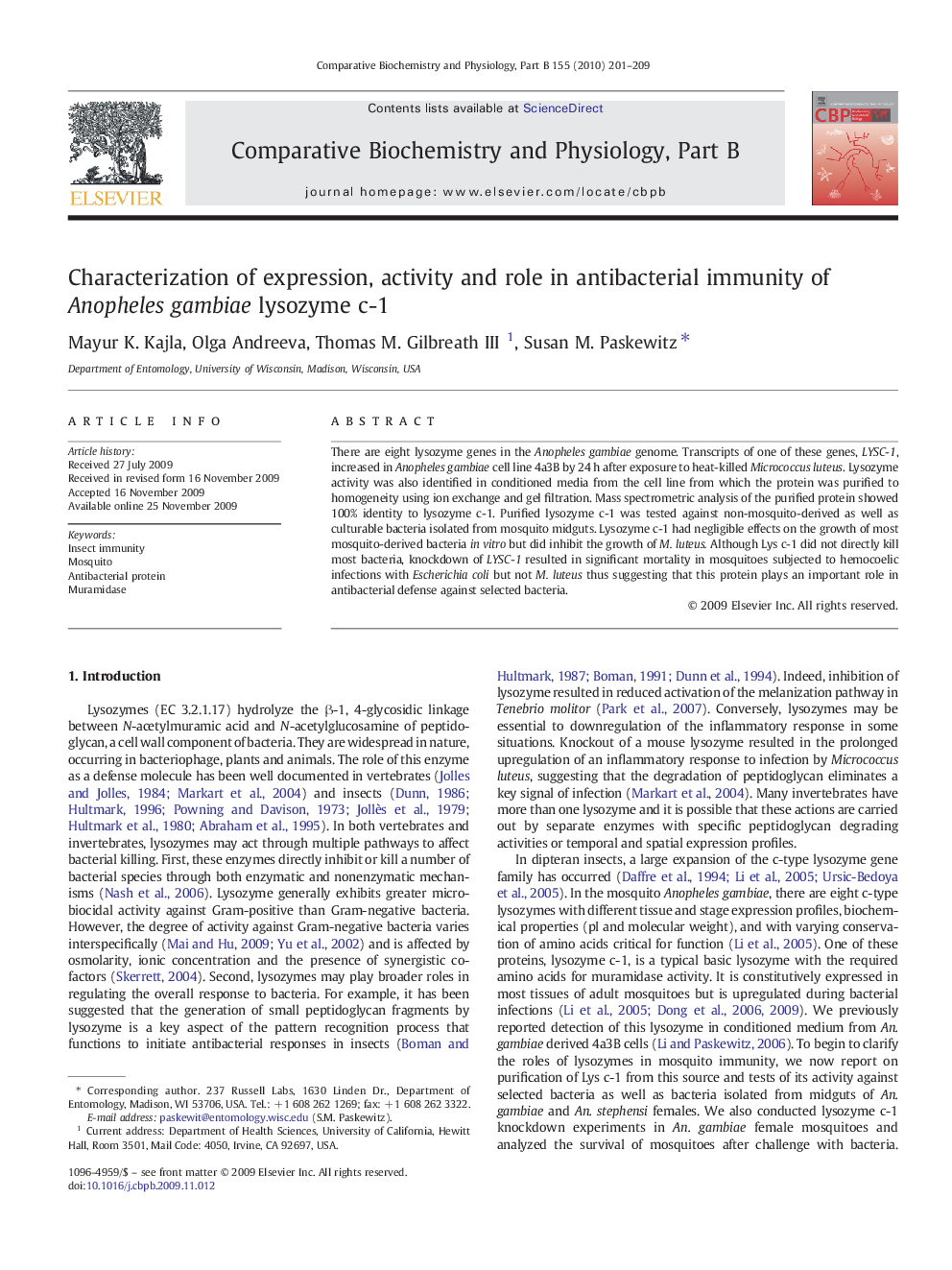 Characterization of expression, activity and role in antibacterial immunity of Anopheles gambiae lysozyme c-1