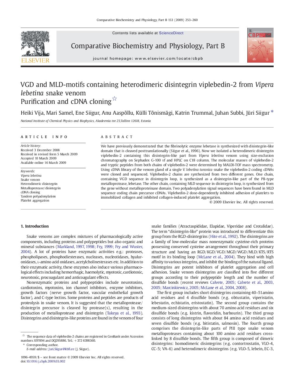 VGD and MLD-motifs containing heterodimeric disintegrin viplebedin-2 from Vipera lebetina snake venom : Purification and cDNA cloning