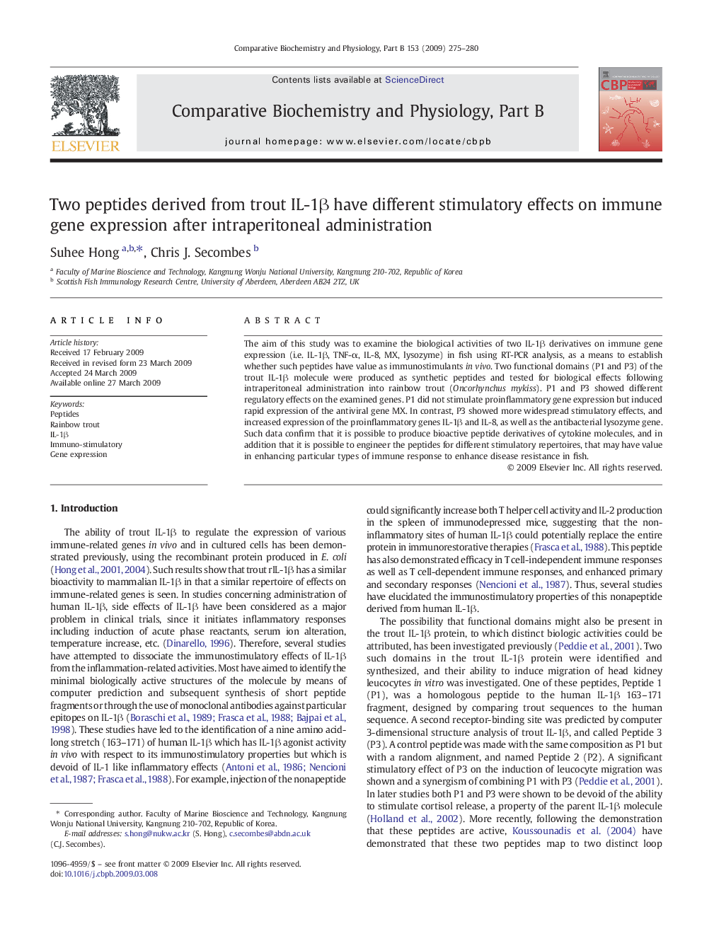 Two peptides derived from trout IL-1β have different stimulatory effects on immune gene expression after intraperitoneal administration