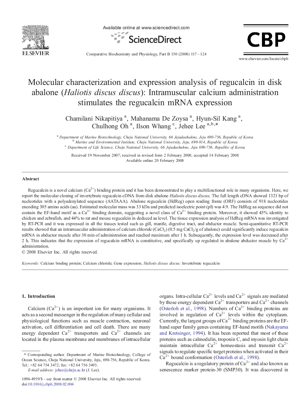 Molecular characterization and expression analysis of regucalcin in disk abalone (Haliotis discus discus): Intramuscular calcium administration stimulates the regucalcin mRNA expression