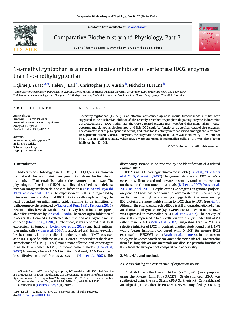 1-l-methyltryptophan is a more effective inhibitor of vertebrate IDO2 enzymes than 1-d-methyltryptophan