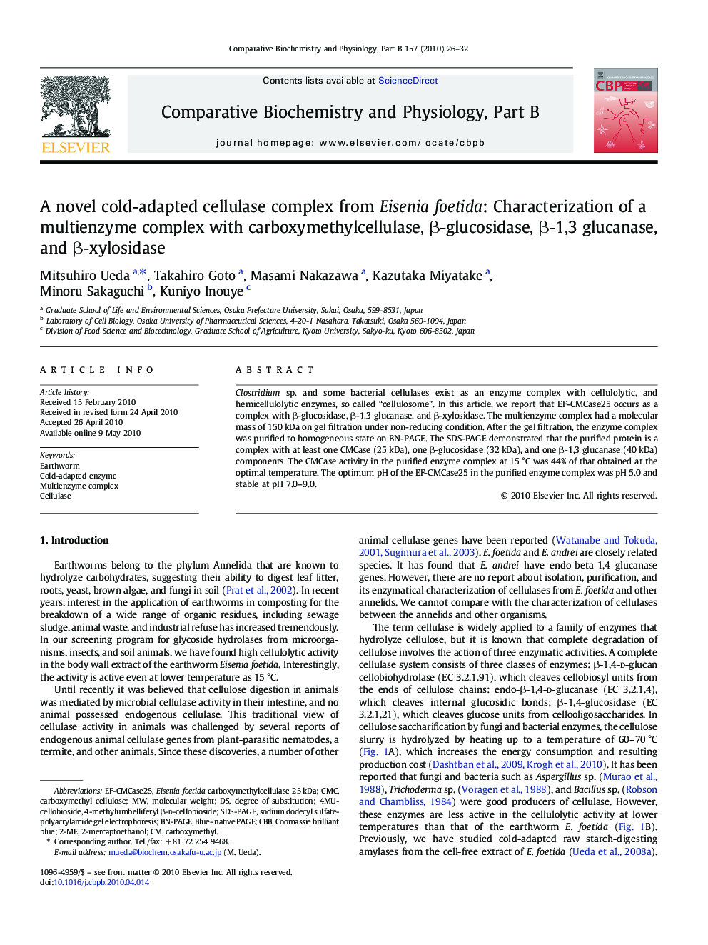 A novel cold-adapted cellulase complex from Eisenia foetida: Characterization of a multienzyme complex with carboxymethylcellulase, β-glucosidase, β-1,3 glucanase, and β-xylosidase