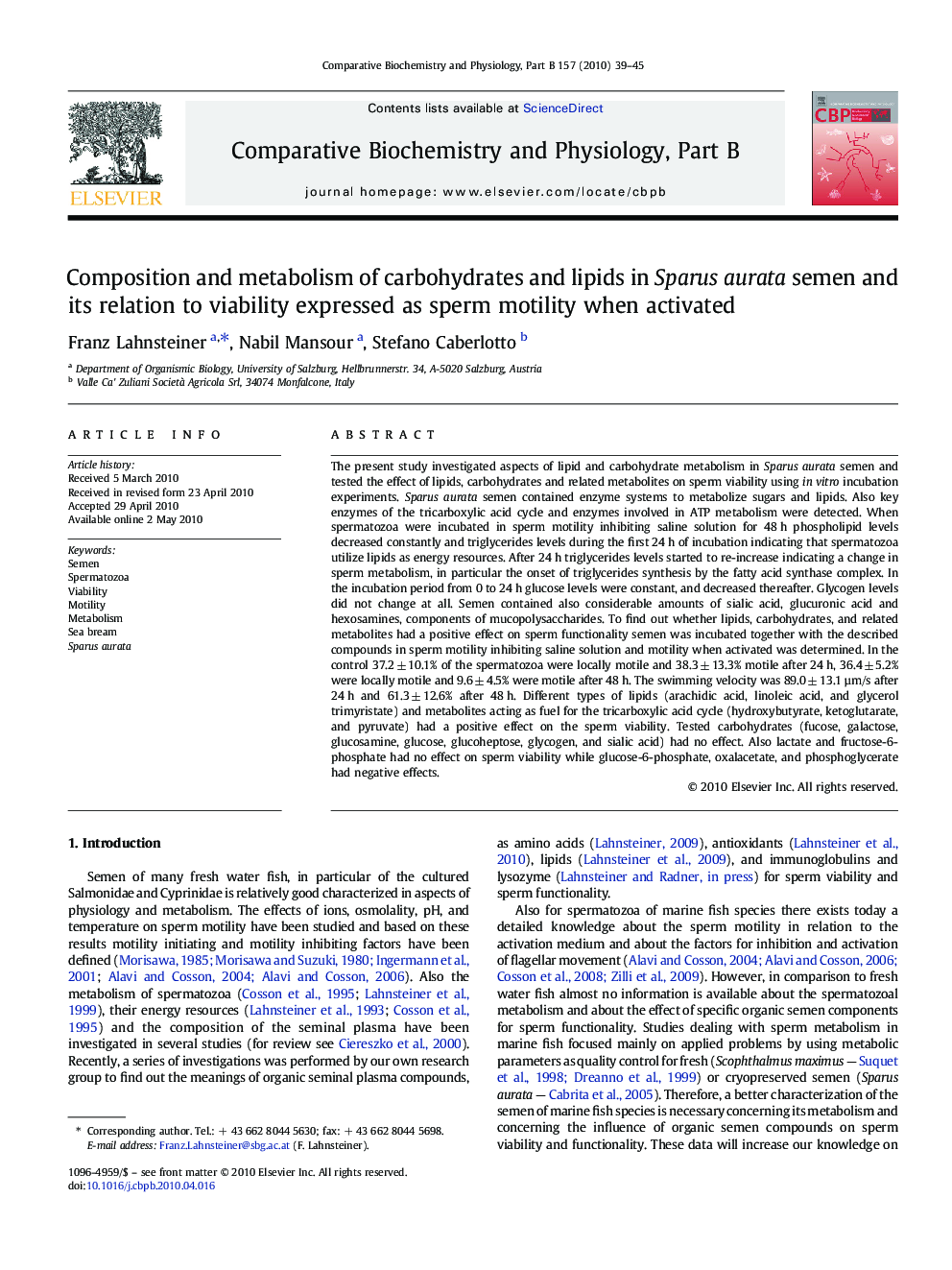 Composition and metabolism of carbohydrates and lipids in Sparus aurata semen and its relation to viability expressed as sperm motility when activated