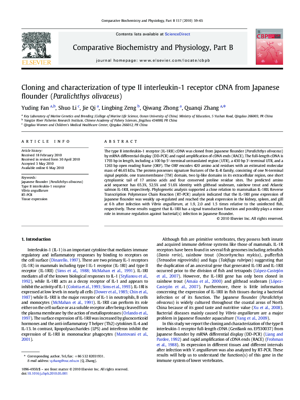 Cloning and characterization of type II interleukin-1 receptor cDNA from Japanese flounder (Paralichthys olivaceus)