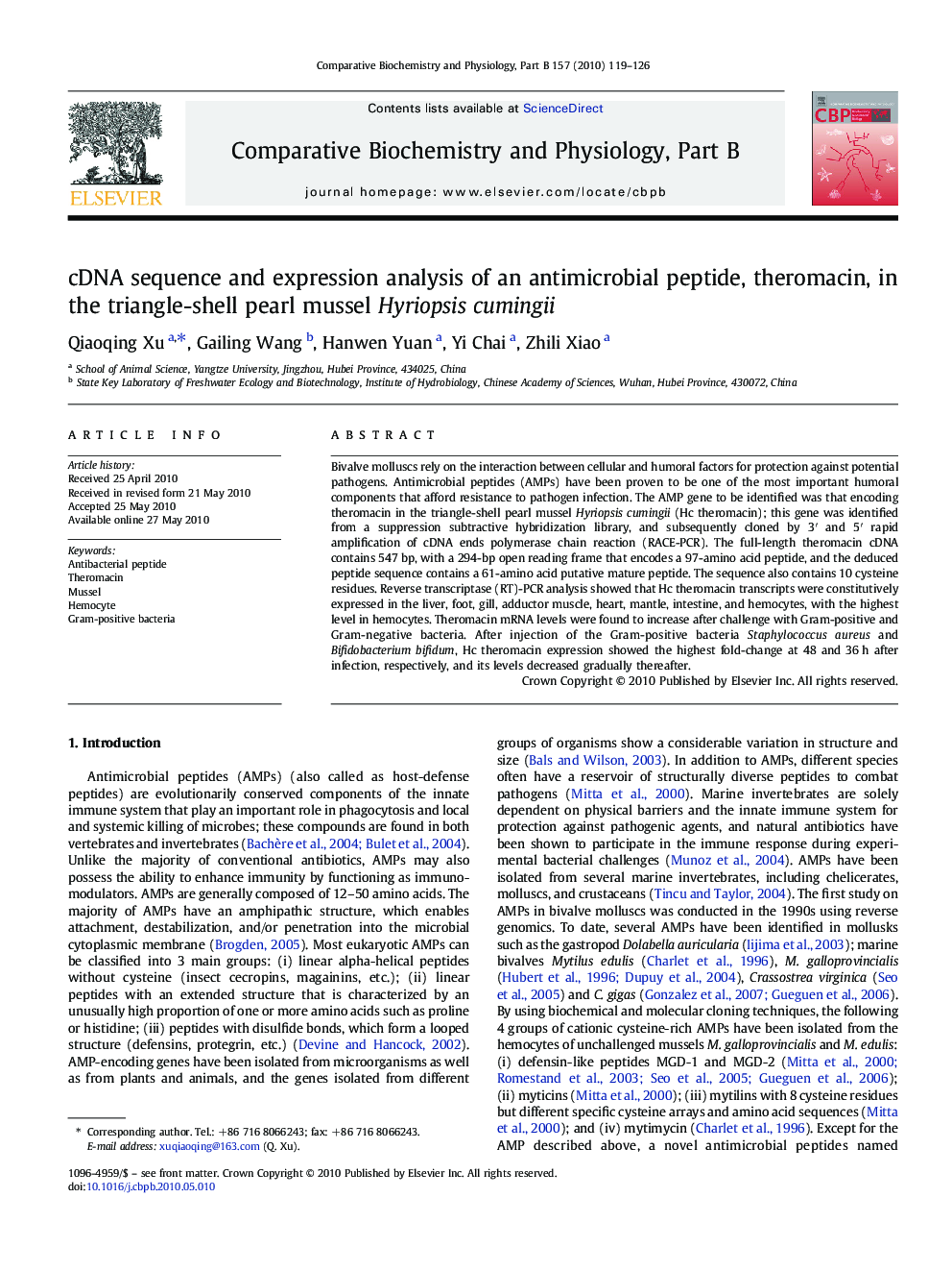 cDNA sequence and expression analysis of an antimicrobial peptide, theromacin, in the triangle-shell pearl mussel Hyriopsis cumingii