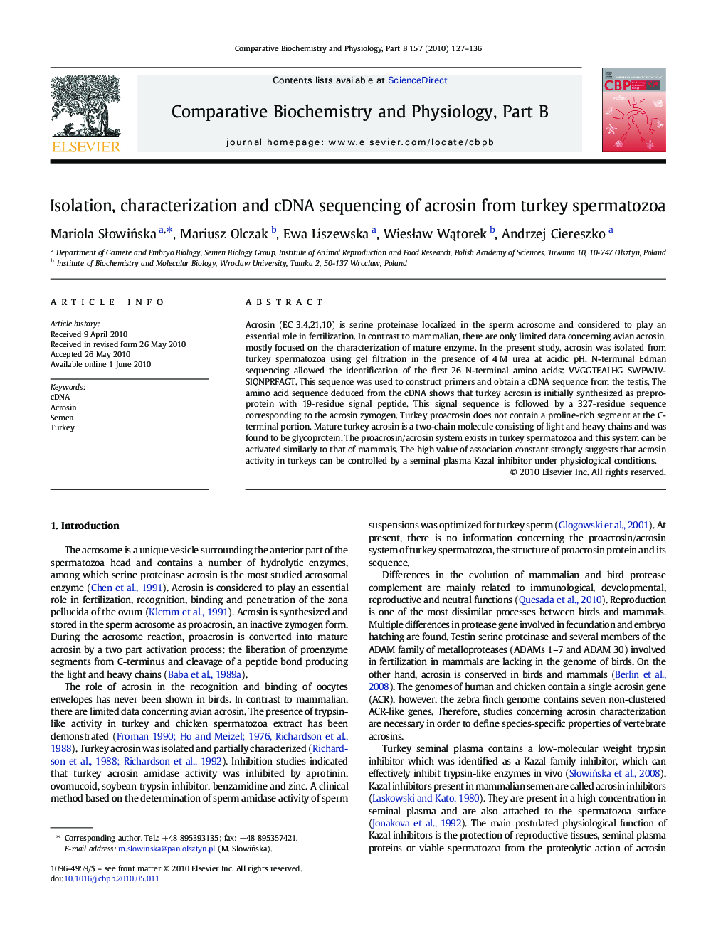 Isolation, characterization and cDNA sequencing of acrosin from turkey spermatozoa