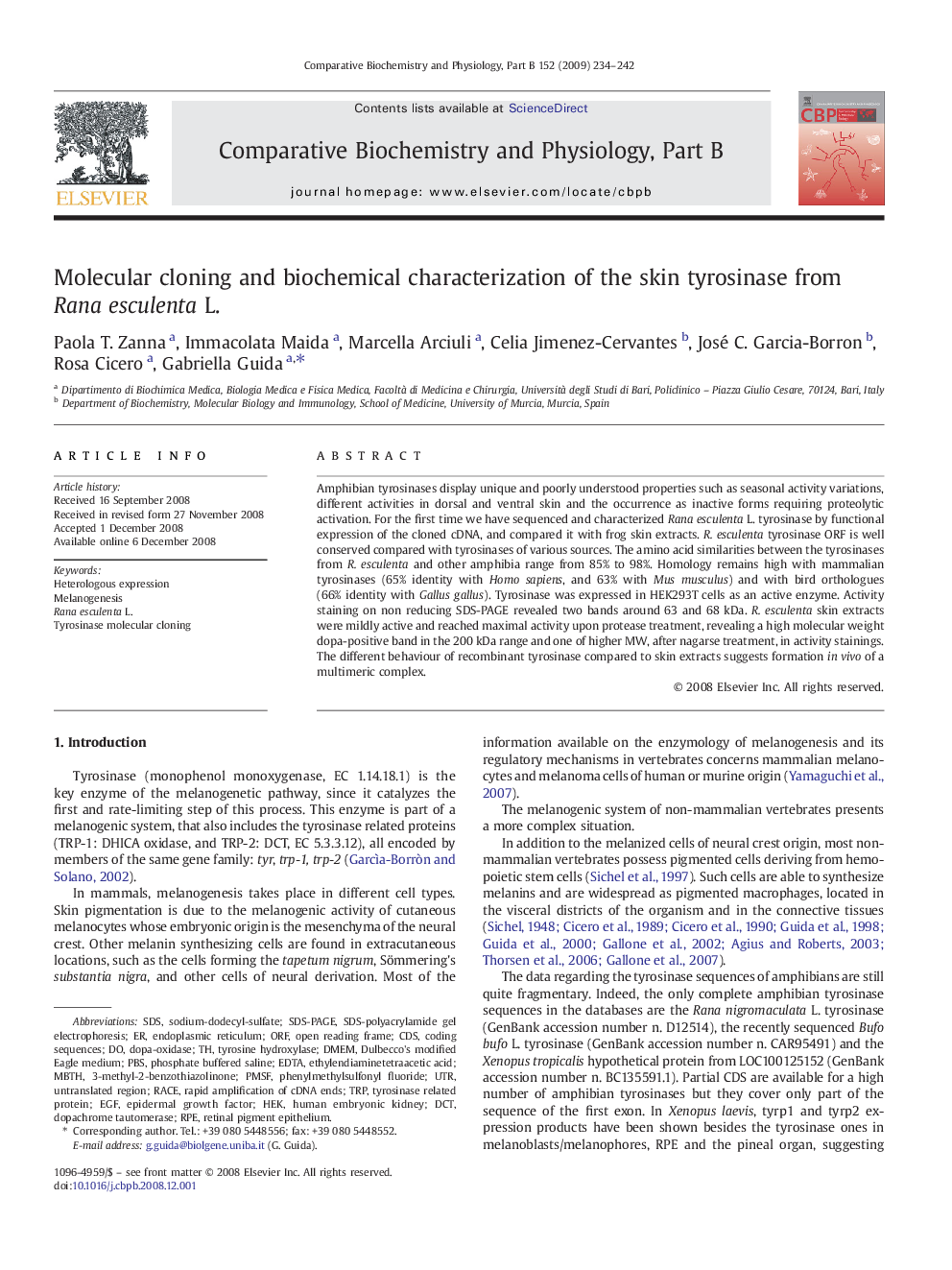 Molecular cloning and biochemical characterization of the skin tyrosinase from Rana esculenta L.