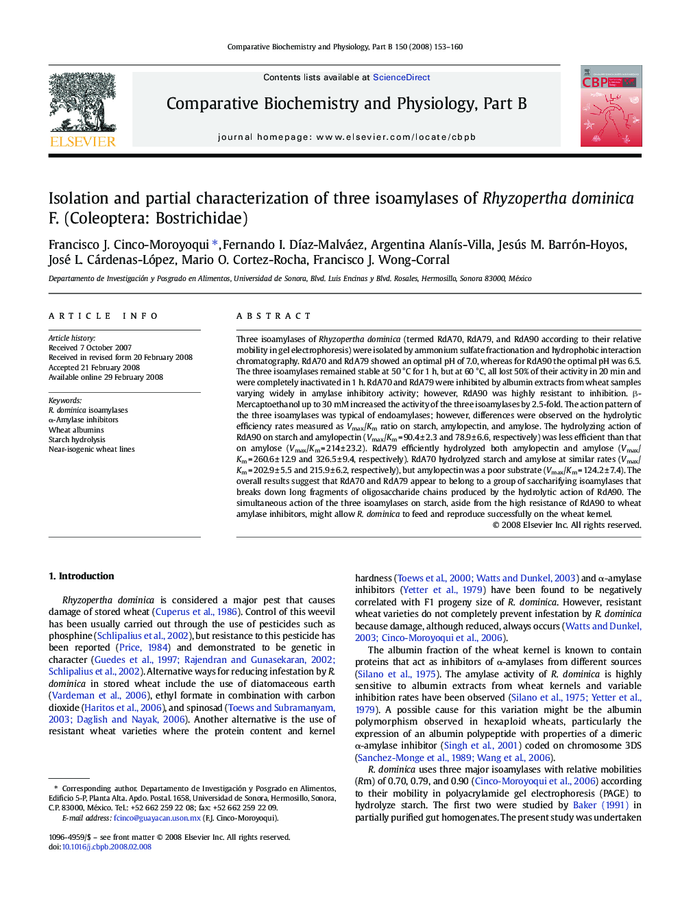 Isolation and partial characterization of three isoamylases of Rhyzopertha dominica F. (Coleoptera: Bostrichidae)