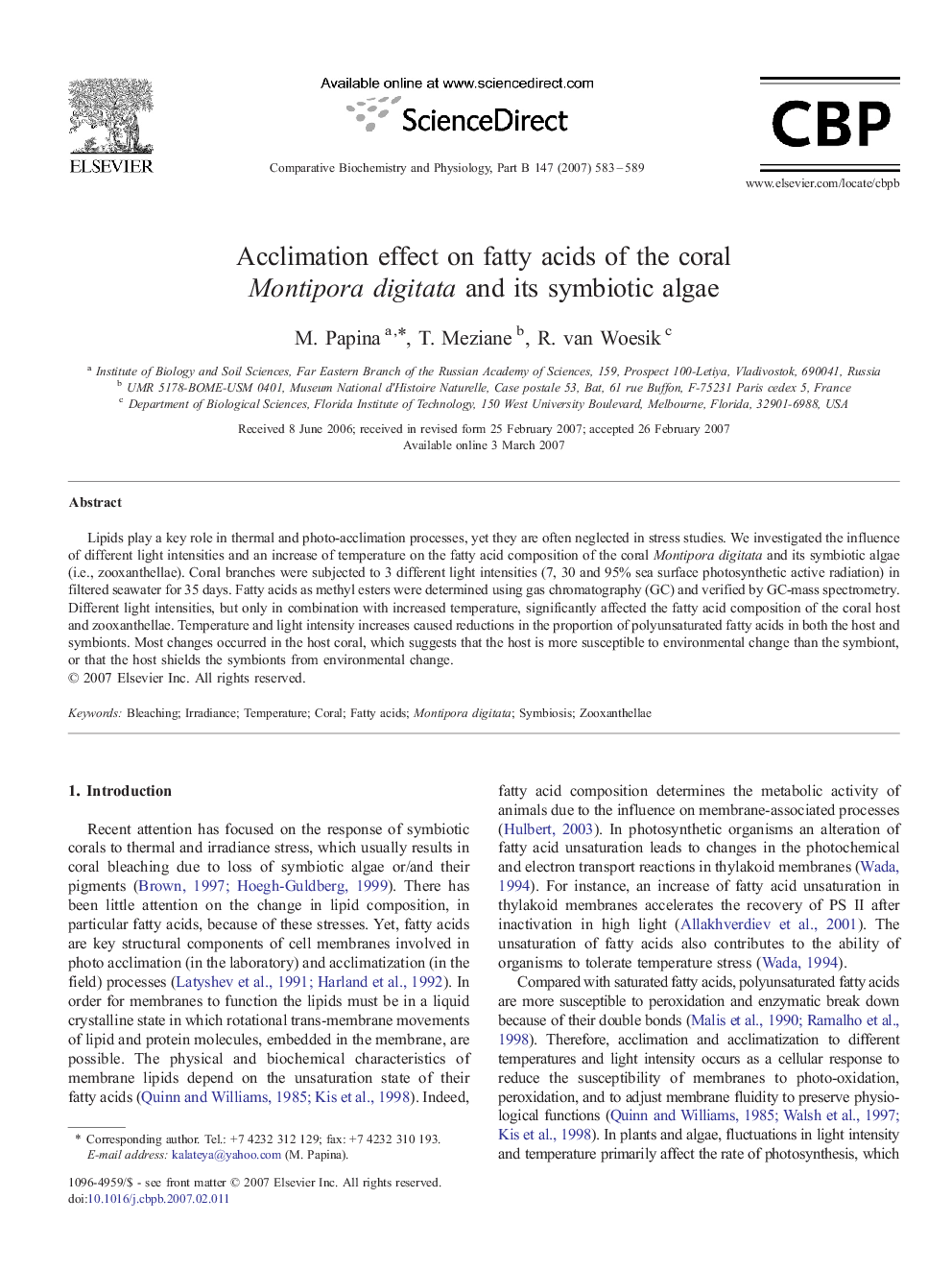 Acclimation effect on fatty acids of the coral Montipora digitata and its symbiotic algae