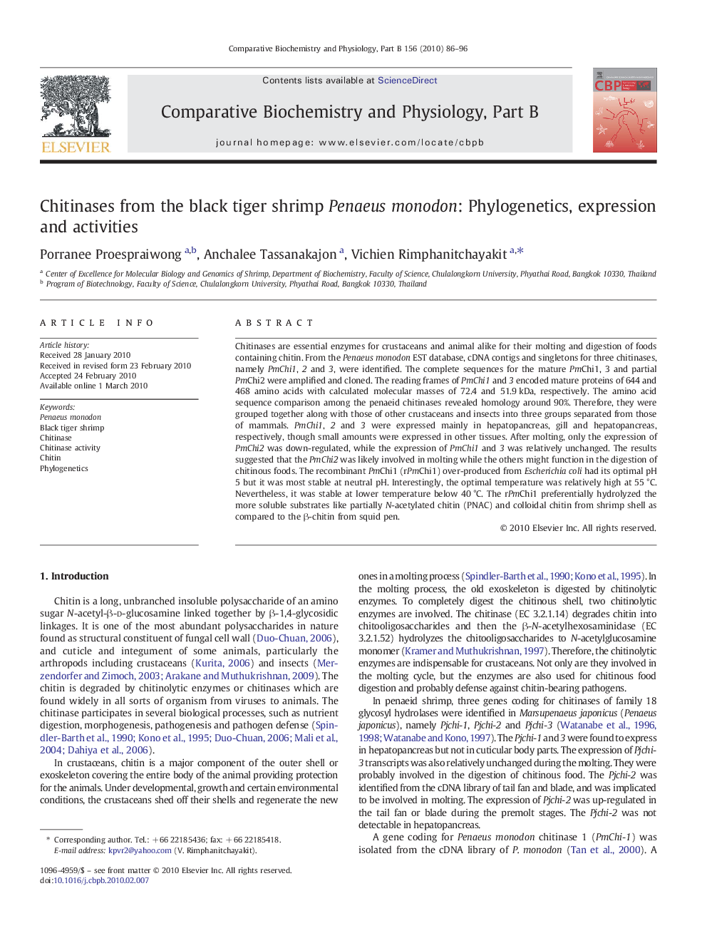 Chitinases from the black tiger shrimp Penaeus monodon: Phylogenetics, expression and activities