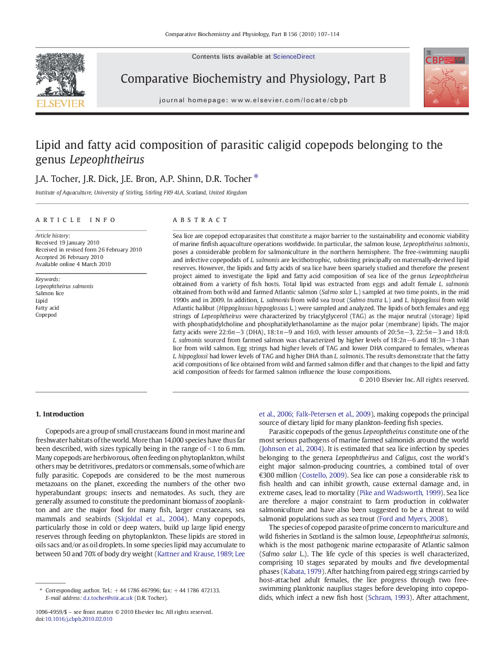 Lipid and fatty acid composition of parasitic caligid copepods belonging to the genus Lepeophtheirus