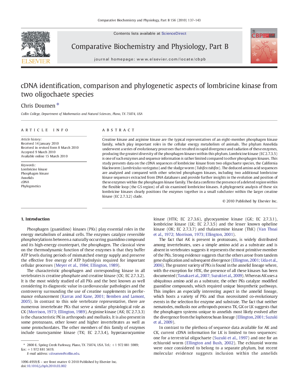 cDNA identification, comparison and phylogenetic aspects of lombricine kinase from two oligochaete species