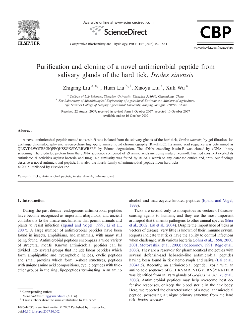 Purification and cloning of a novel antimicrobial peptide from salivary glands of the hard tick, Ixodes sinensis