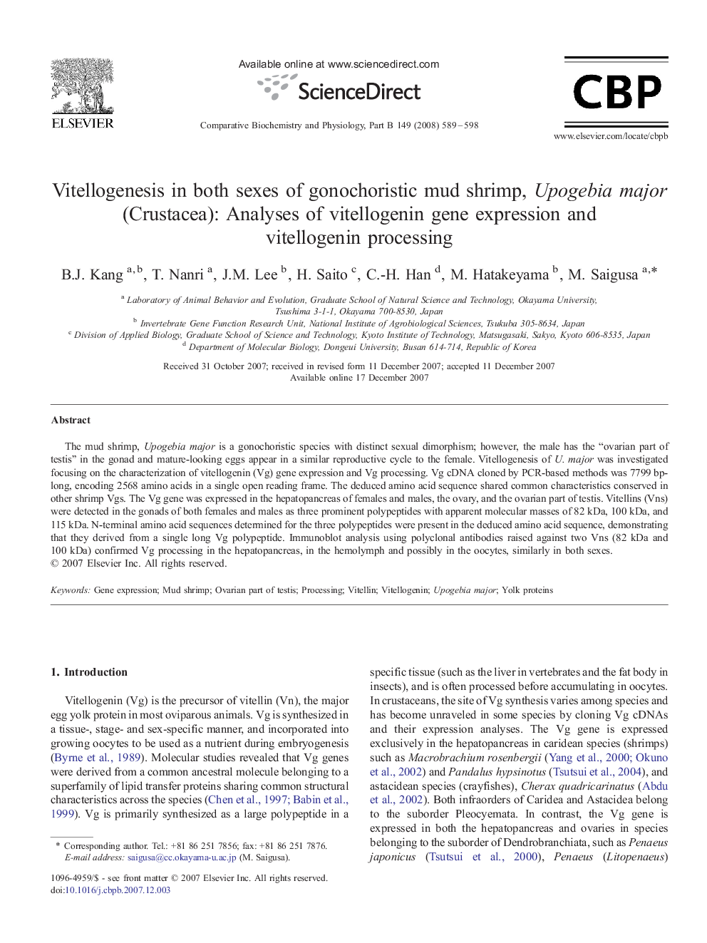 Vitellogenesis in both sexes of gonochoristic mud shrimp, Upogebia major (Crustacea): Analyses of vitellogenin gene expression and vitellogenin processing