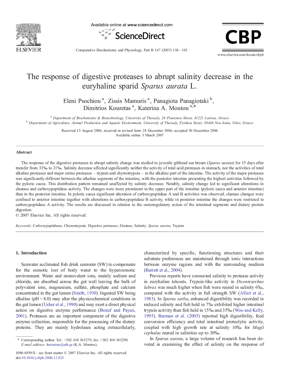 The response of digestive proteases to abrupt salinity decrease in the euryhaline sparid Sparus aurata L.