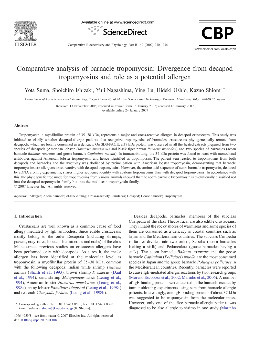 Comparative analysis of barnacle tropomyosin: Divergence from decapod tropomyosins and role as a potential allergen