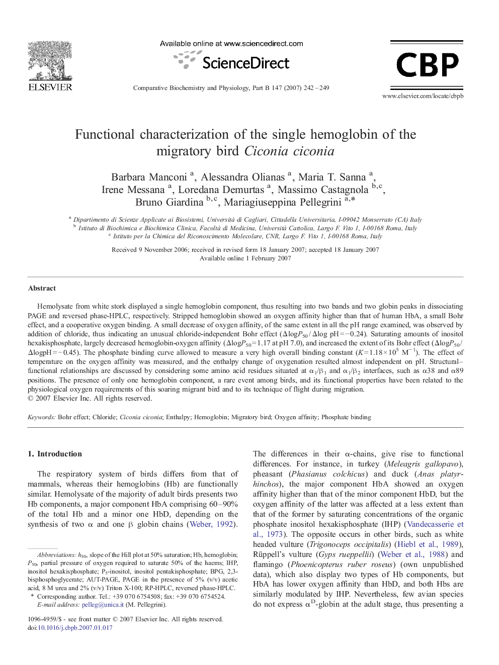 Functional characterization of the single hemoglobin of the migratory bird Ciconia ciconia