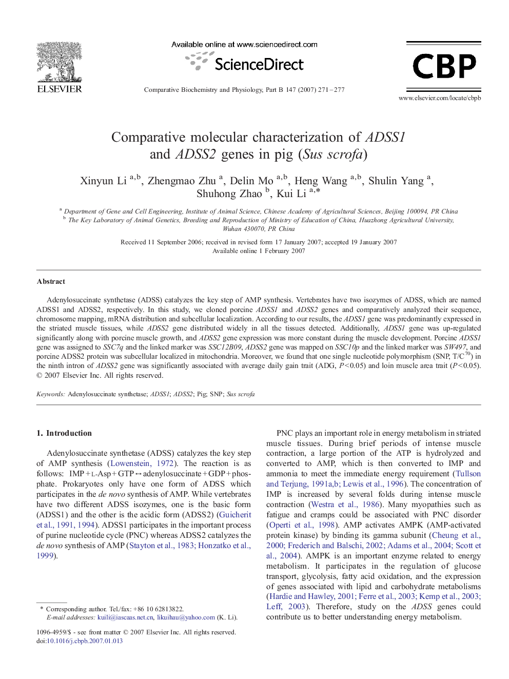 Comparative molecular characterization of ADSS1 and ADSS2 genes in pig (Sus scrofa)