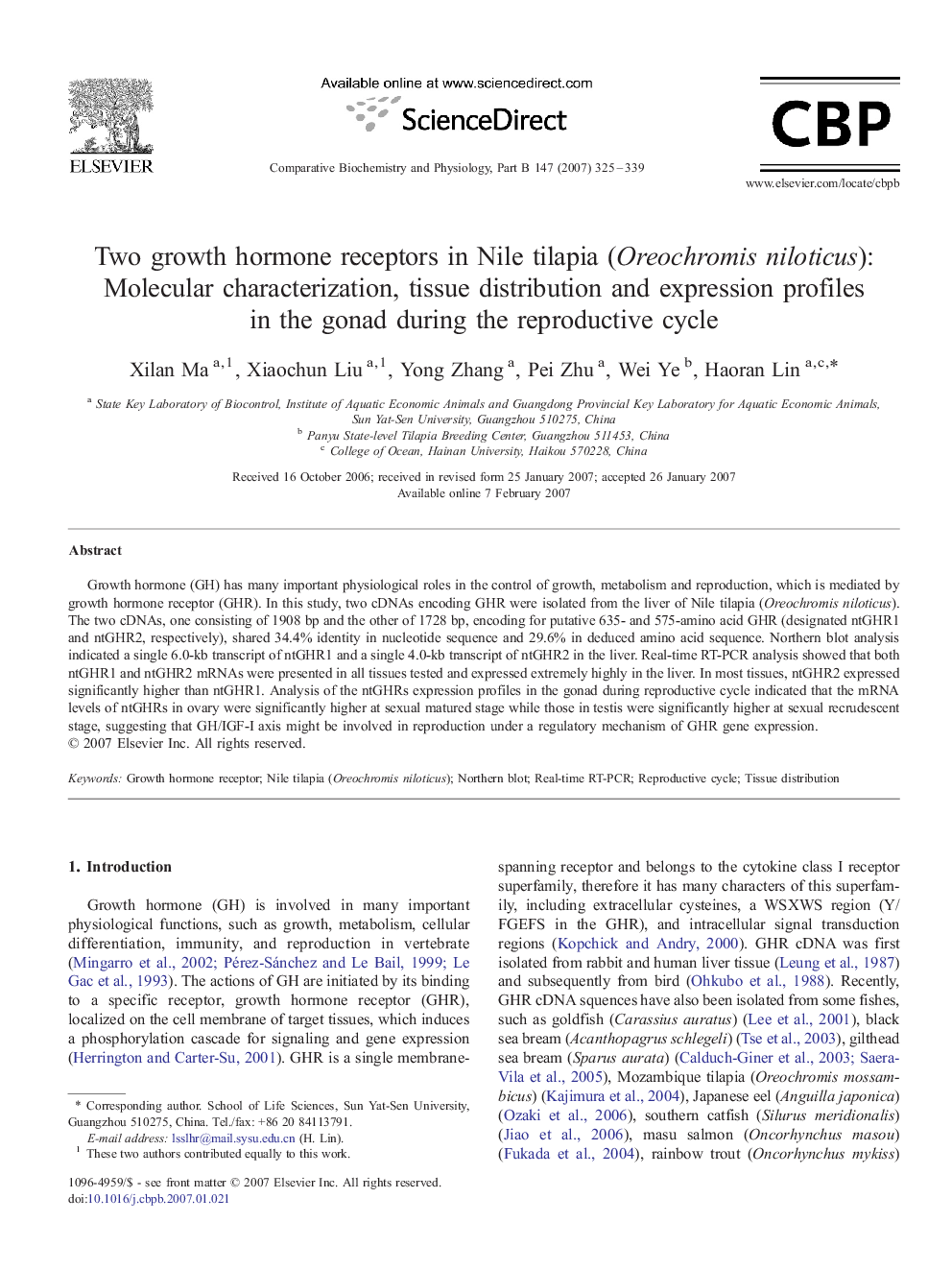 Two growth hormone receptors in Nile tilapia (Oreochromis niloticus): Molecular characterization, tissue distribution and expression profiles in the gonad during the reproductive cycle