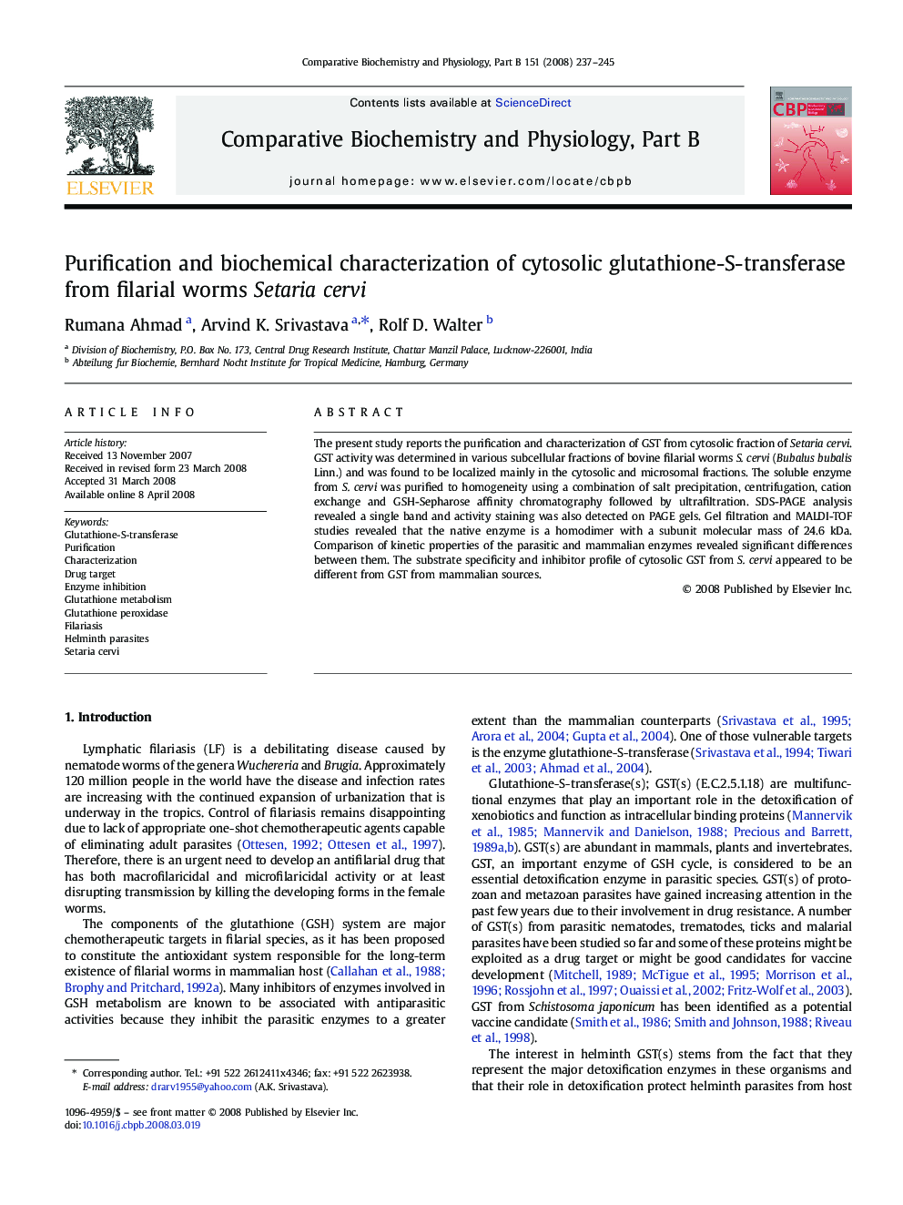 Purification and biochemical characterization of cytosolic glutathione-S-transferase from filarial worms Setaria cervi