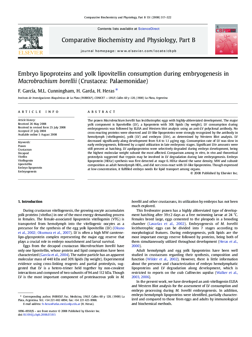 Embryo lipoproteins and yolk lipovitellin consumption during embryogenesis in Macrobrachium borellii (Crustacea: Palaemonidae)