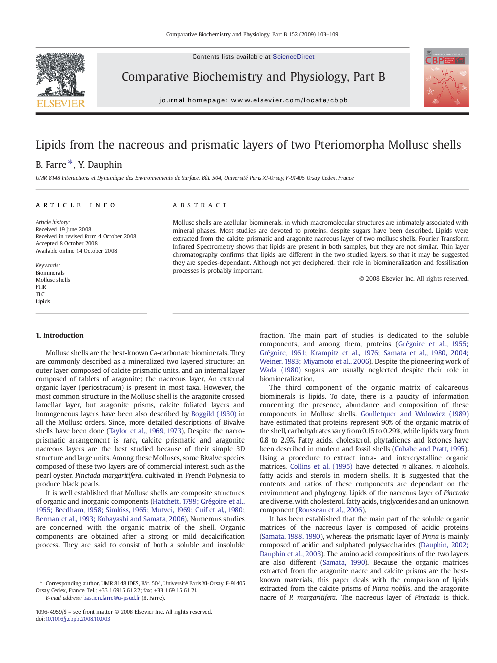 Lipids from the nacreous and prismatic layers of two Pteriomorpha Mollusc shells