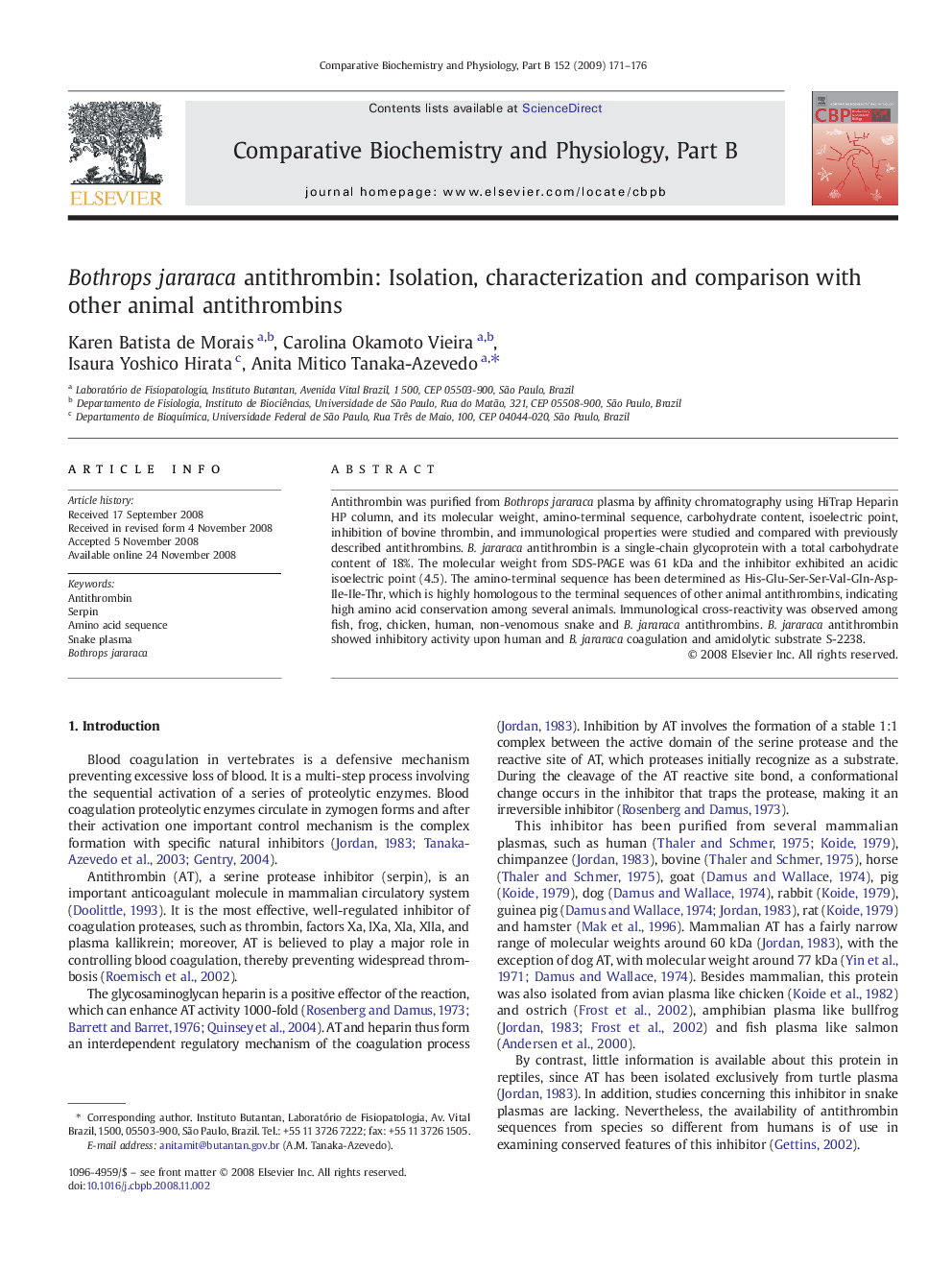 Bothrops jararaca antithrombin: Isolation, characterization and comparison with other animal antithrombins