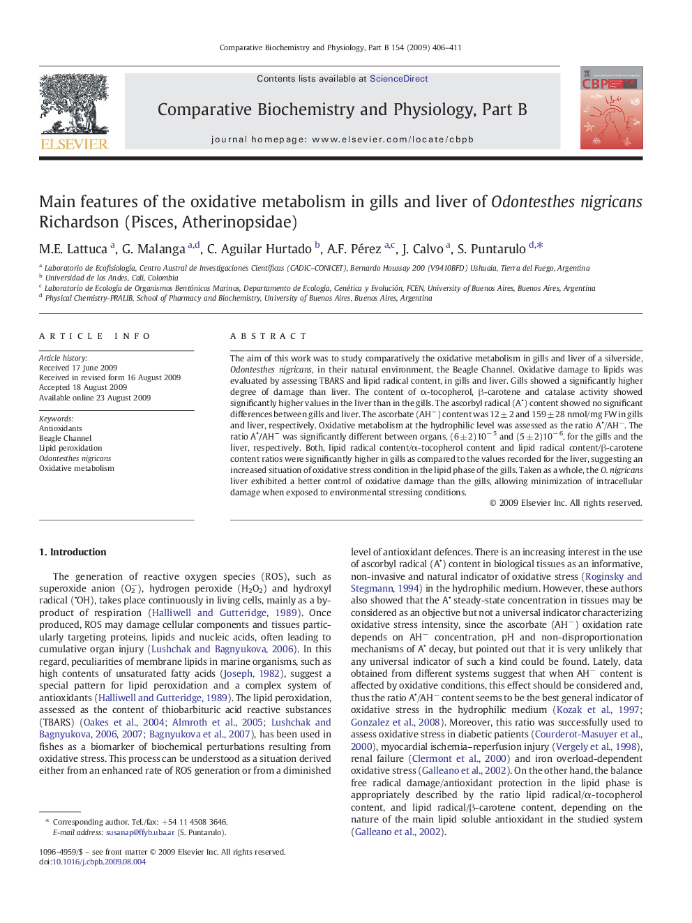 Main features of the oxidative metabolism in gills and liver of Odontesthes nigricans Richardson (Pisces, Atherinopsidae)