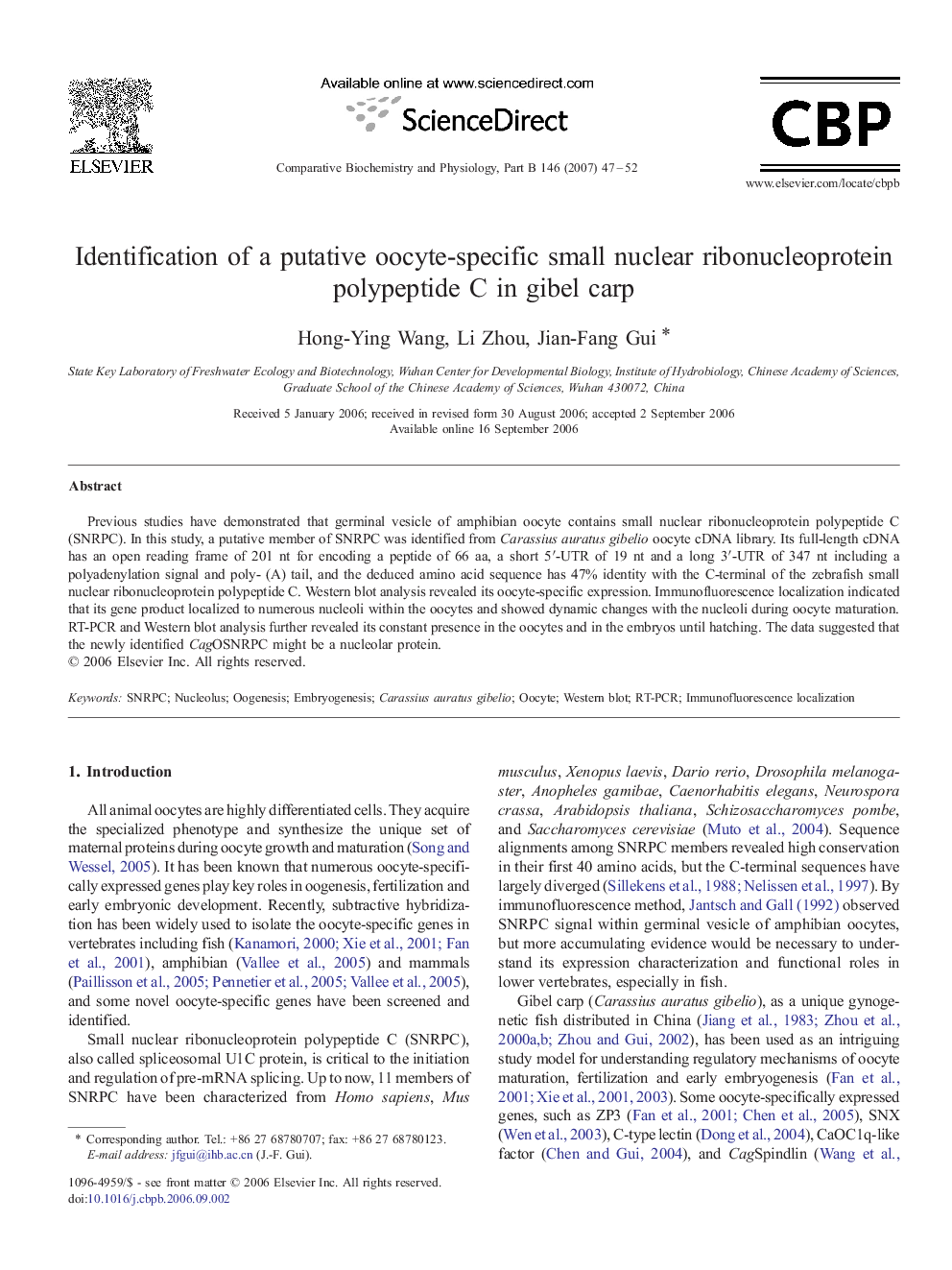 Identification of a putative oocyte-specific small nuclear ribonucleoprotein polypeptide C in gibel carp